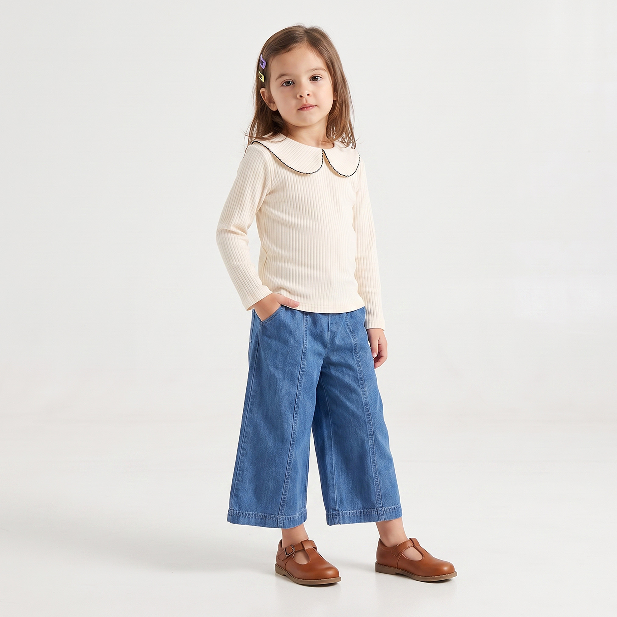 Juniors Peter Pan Collar Long Sleeves Top with Ribbed Texture-girls-clothing-tshirts-image-6