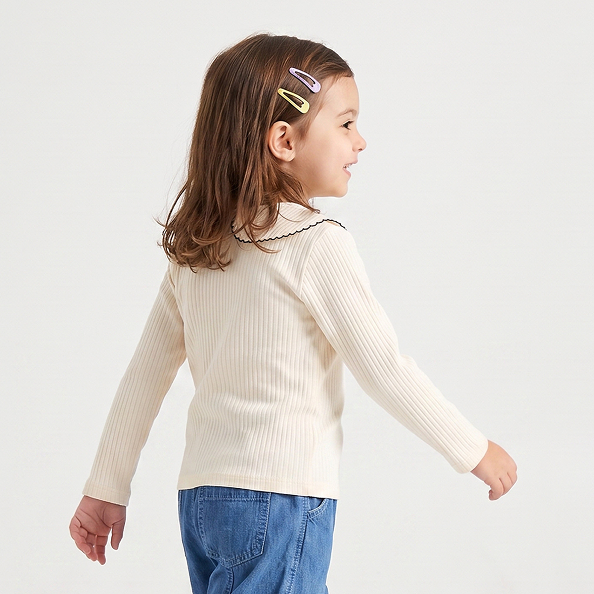 Juniors Peter Pan Collar Long Sleeves Top with Ribbed Texture-girls-clothing-tshirts-image-3