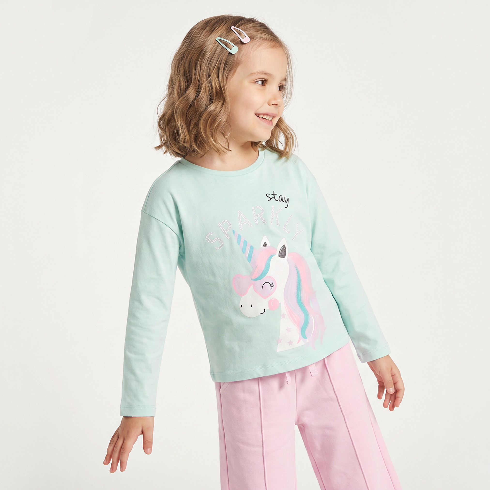 Juniors Crew Neck Long Sleeves T-shirt with Unicorn Print-girls-clothing-tshirts-image-1