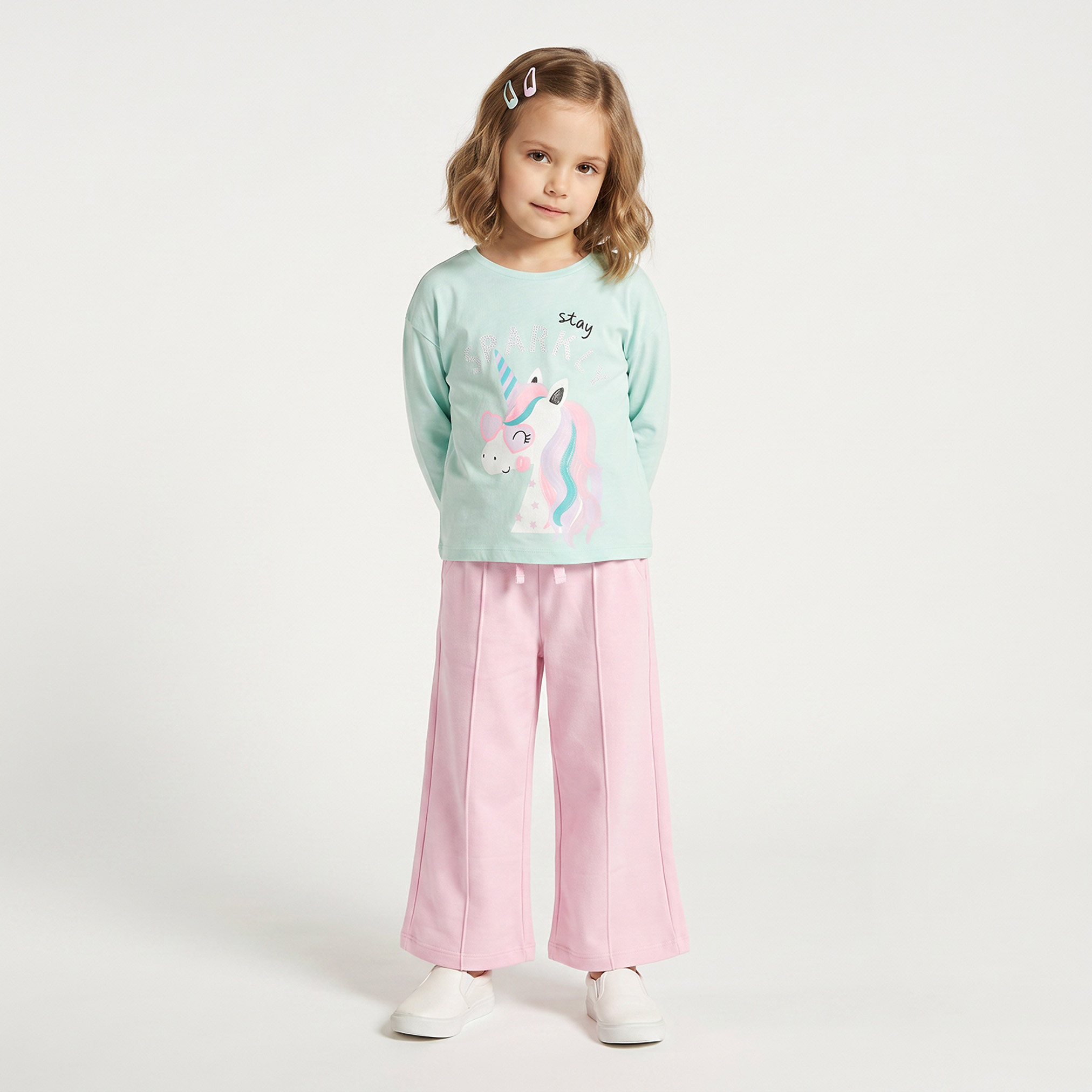 Juniors Crew Neck Long Sleeves T-shirt with Unicorn Print-girls-clothing-tshirts-image-2