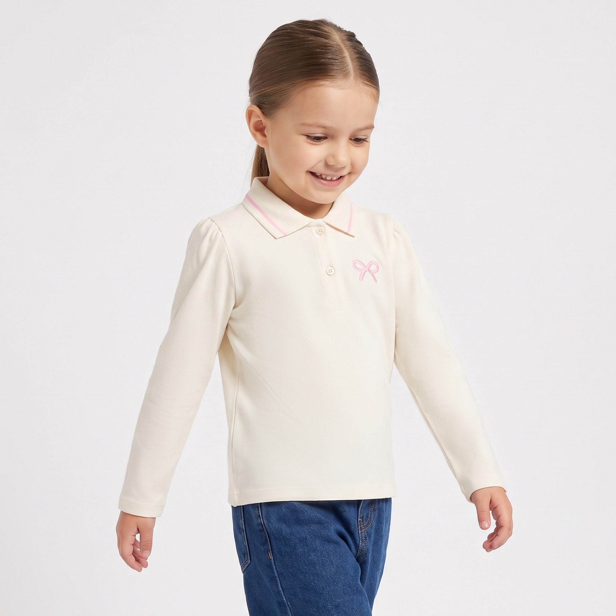 Juniors Collared Long Sleeves Polo T-shirt with Bow Embroidery-baby-girls-clothing-tshirts-image-1