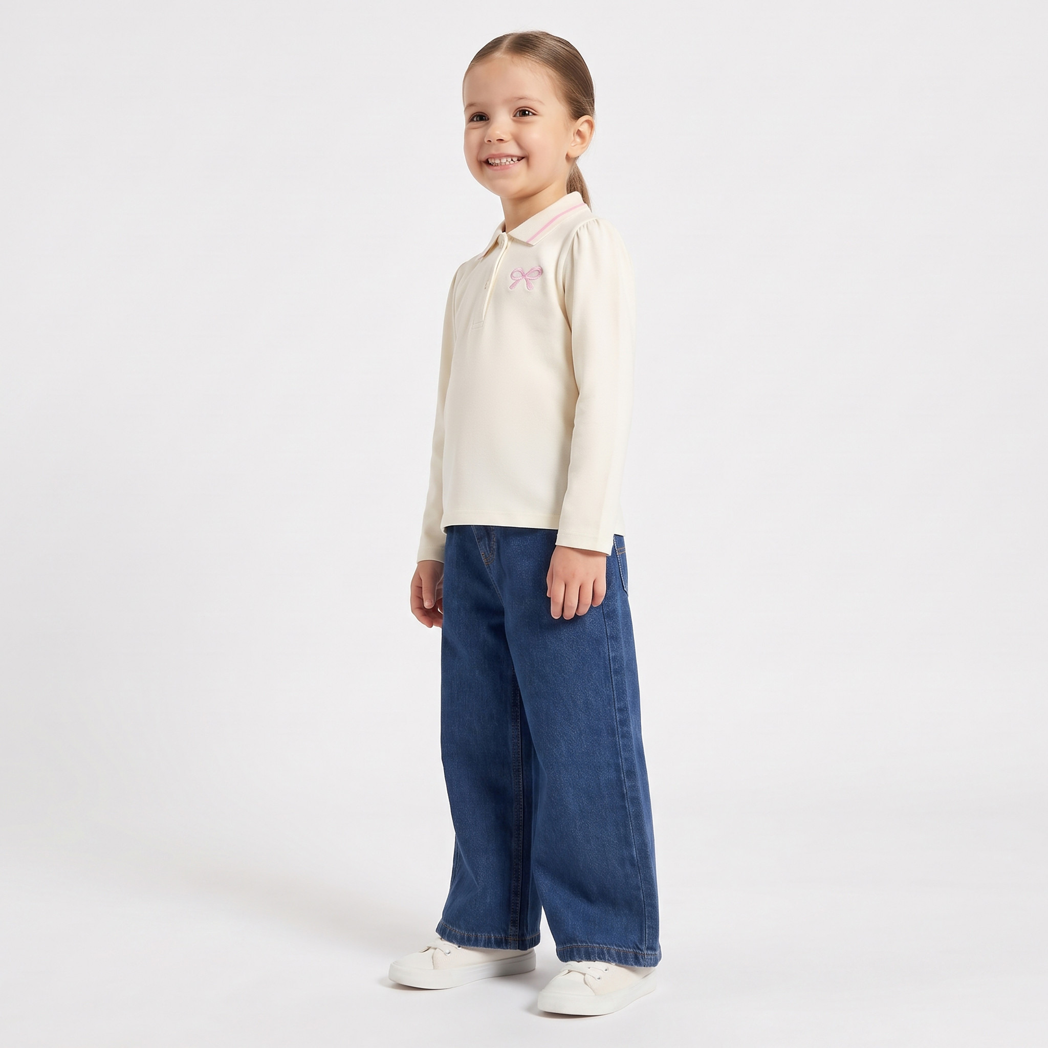 Juniors Collared Long Sleeves Polo T-shirt with Bow Embroidery-baby-girls-clothing-tshirts-image-2