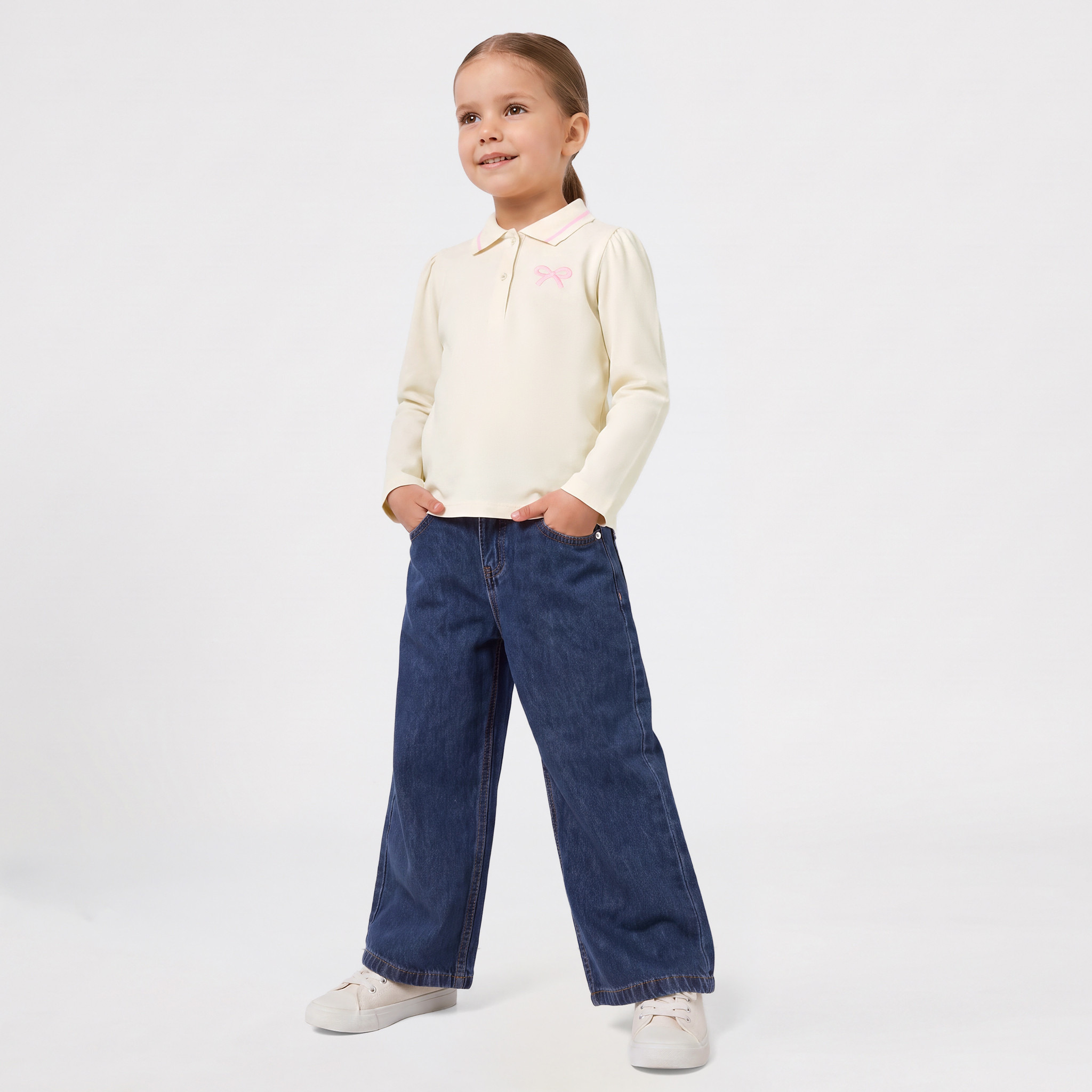 Juniors Collared Long Sleeves Polo T-shirt with Bow Embroidery-baby-girls-clothing-tshirts-image-5