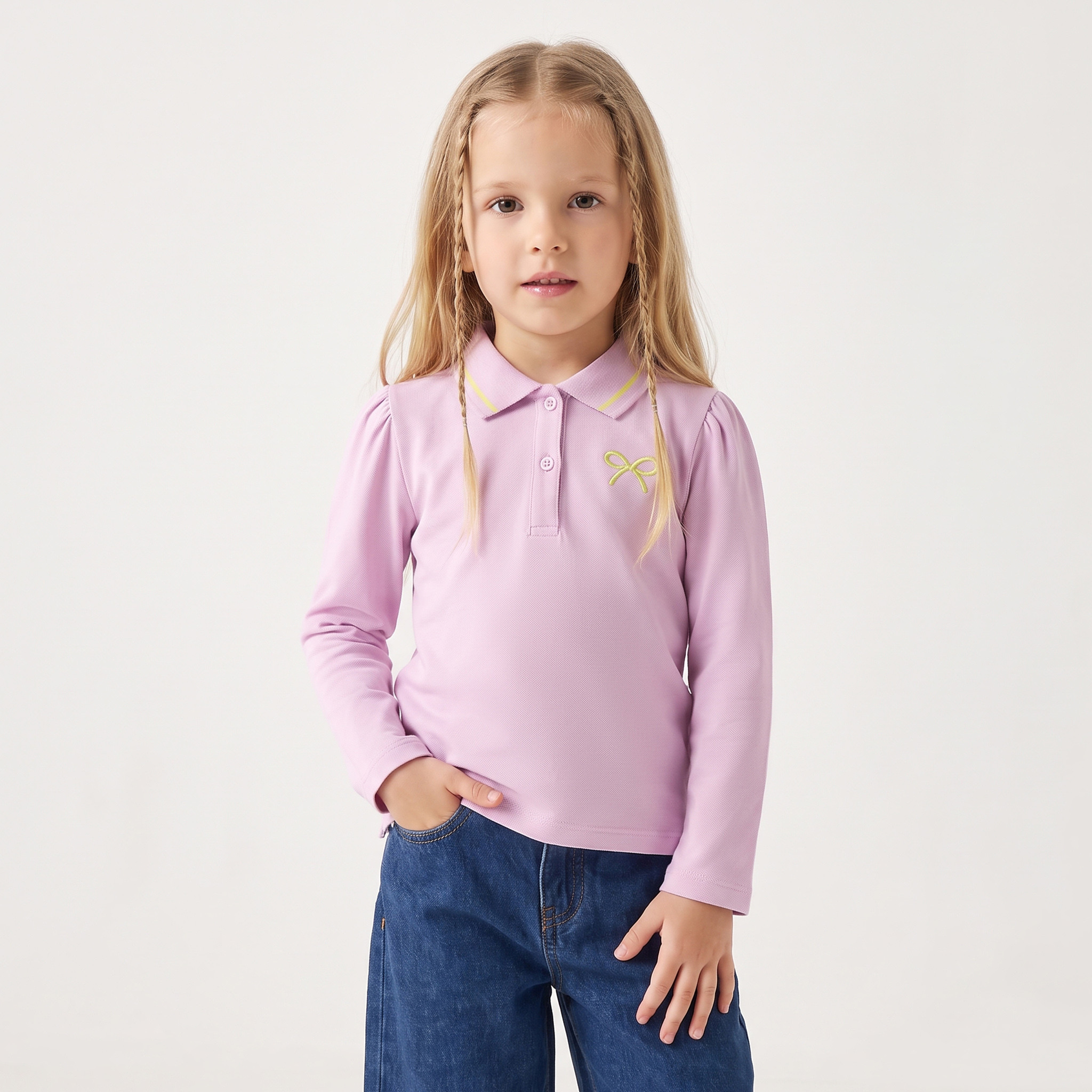 Juniors Collared Long Sleeves Polo T-shirt with Bow Embroidery-baby-girls-clothing-tshirts-image-1