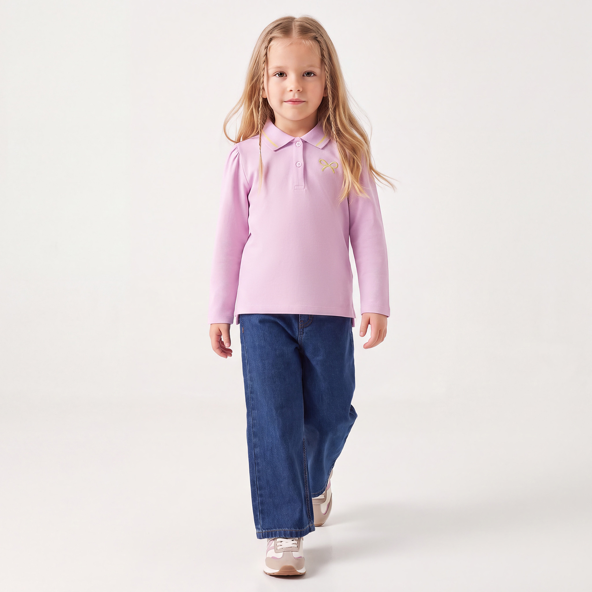 Juniors Collared Long Sleeves Polo T-shirt with Bow Embroidery-baby-girls-clothing-tshirts-image-2