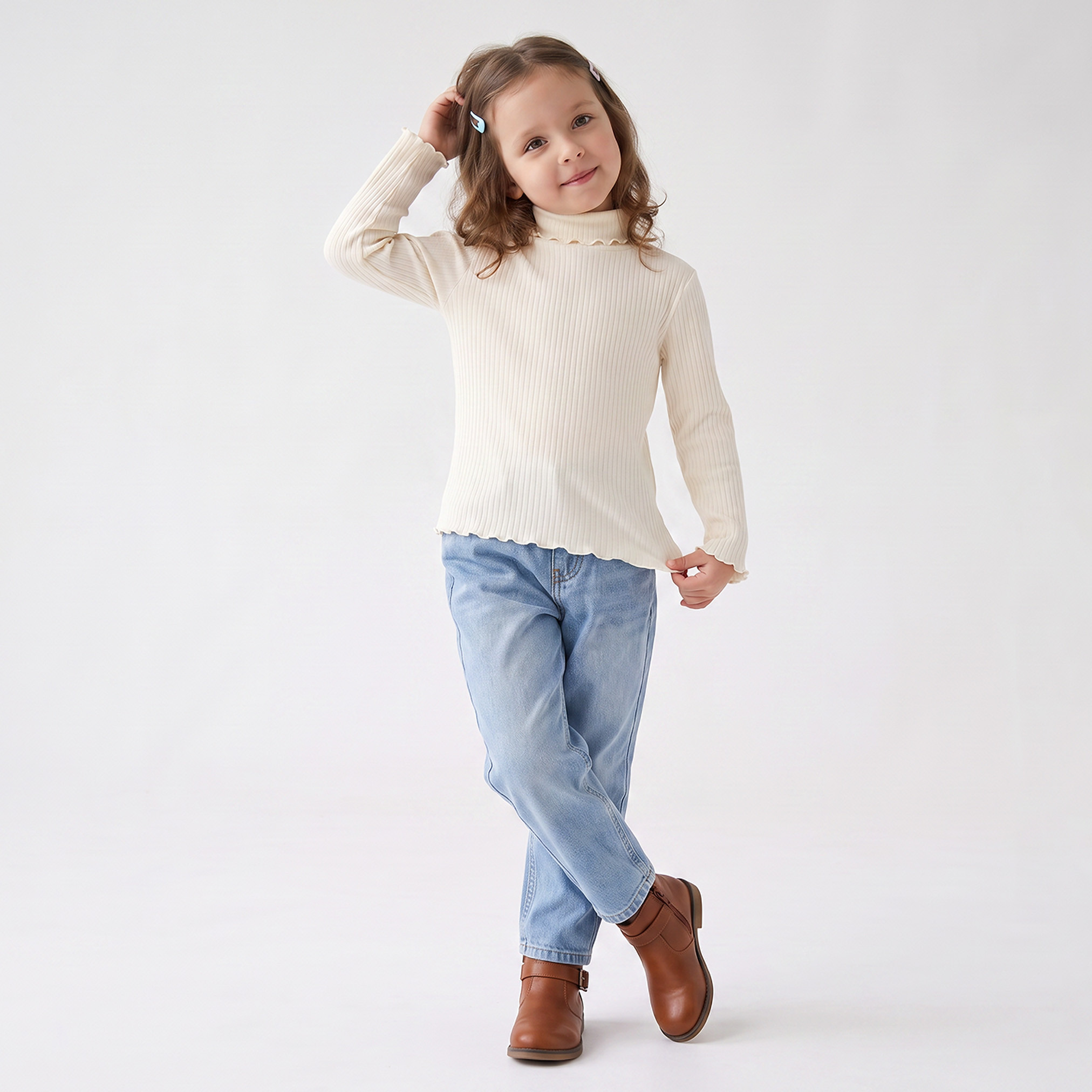 تيشيرت مضلع بياقة عالية وأكمام طويلة من جونيورز-girls-clothing-tshirts-image-2