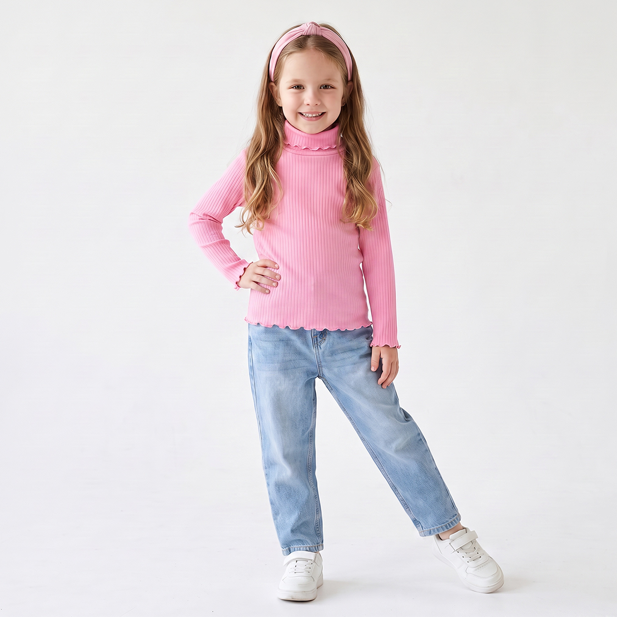 Juniors High Neck Long Sleeves T-shirt with Ribbed Design-girls-clothing-tshirts-image-2