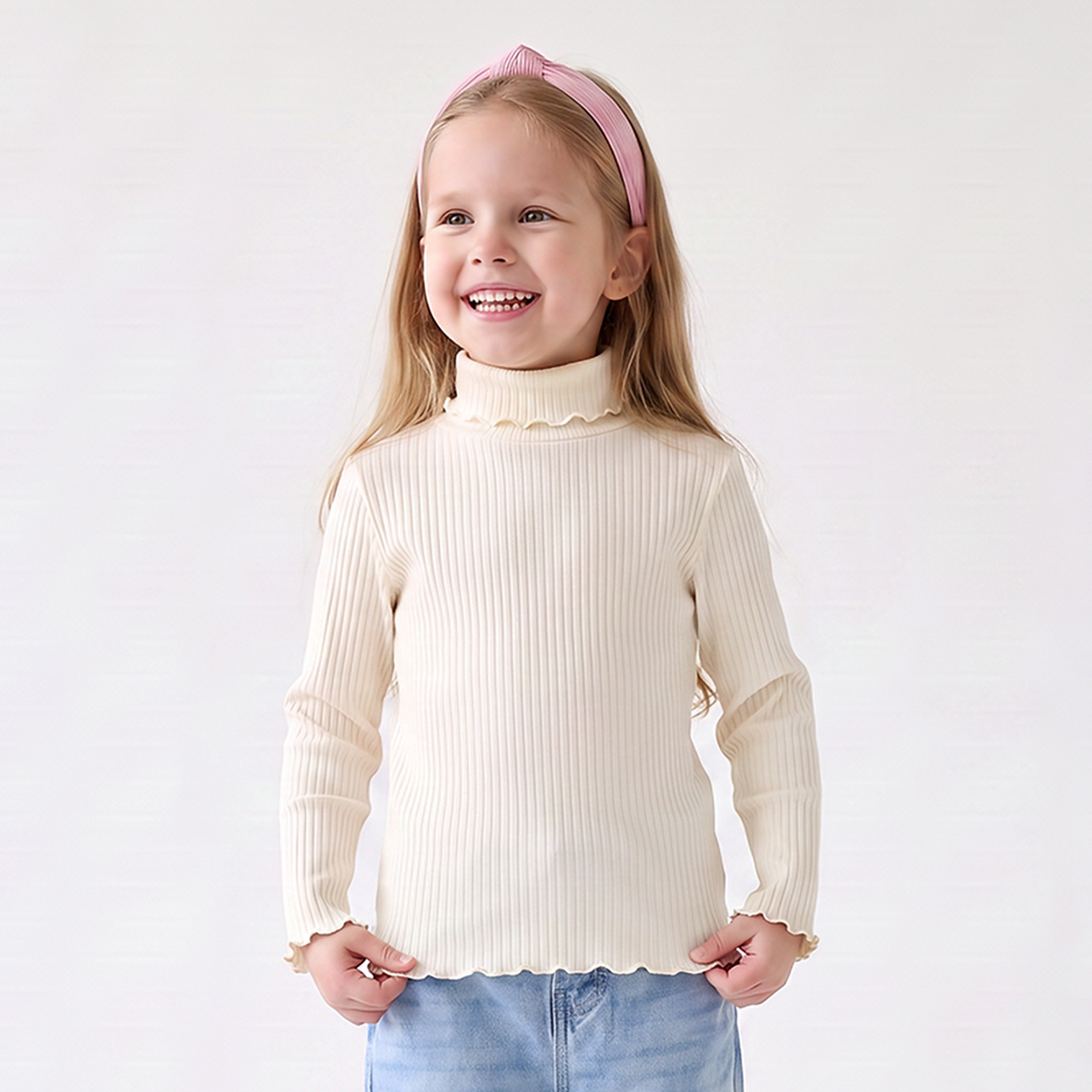 Juniors High Neck Long Sleeves T-shirt with Ribbed Design-girls-clothing-tshirts-image-3