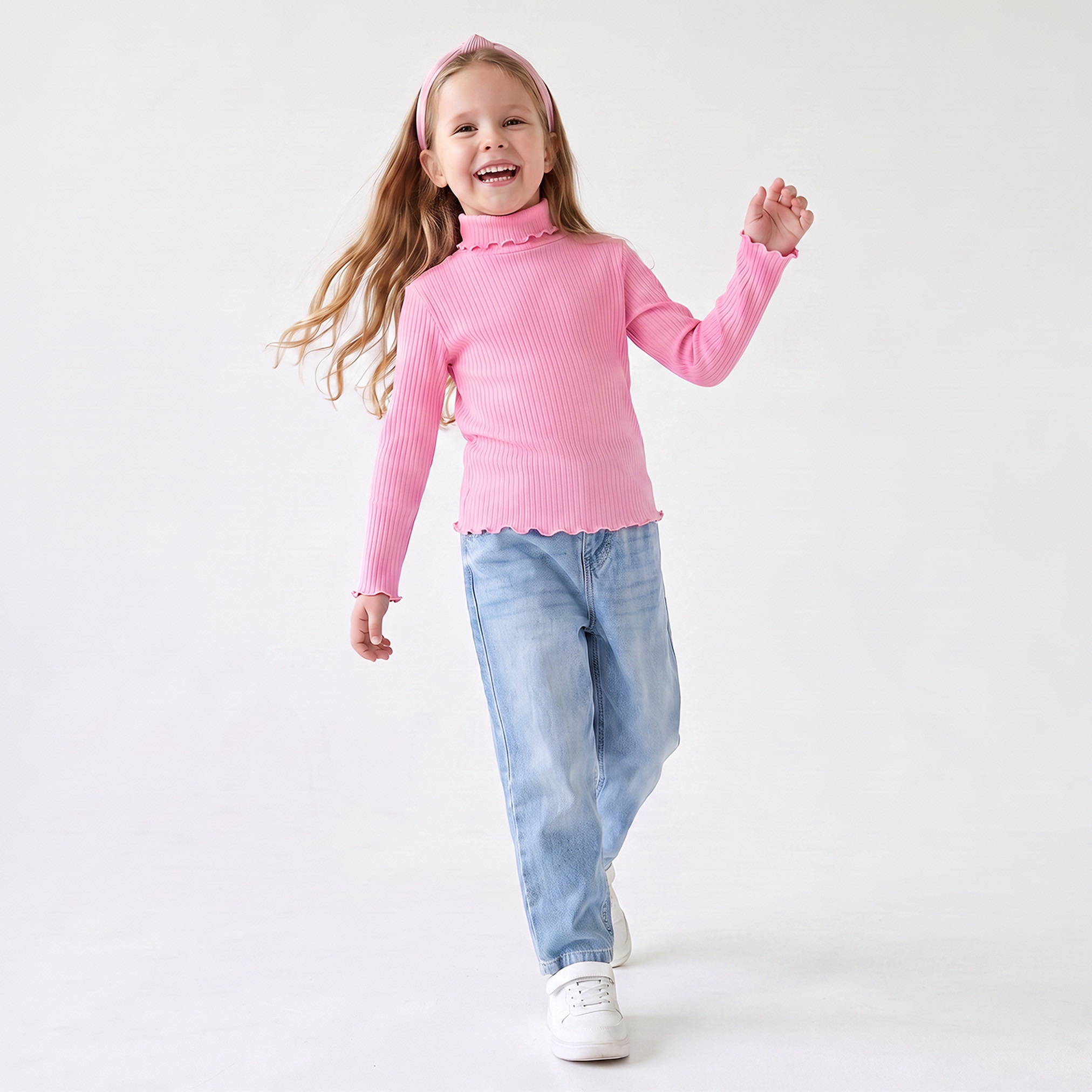 Juniors High Neck Long Sleeves T-shirt with Ribbed Design-girls-clothing-tshirts-image-8