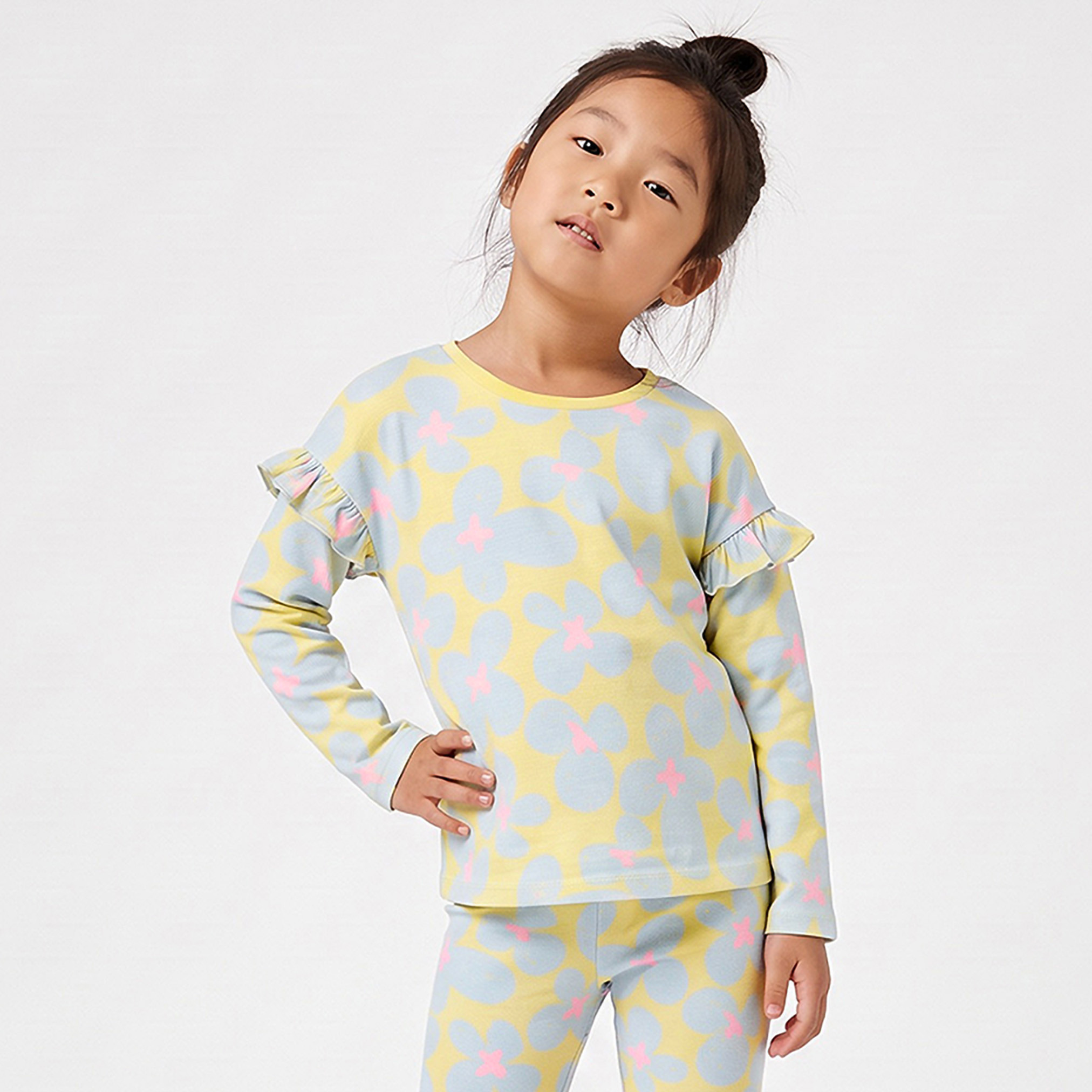 تيشيرت بأكمام طويلة وياقة ضيقة وطبعات زهور من جونيورز-girls-clothing-tshirts-image-1