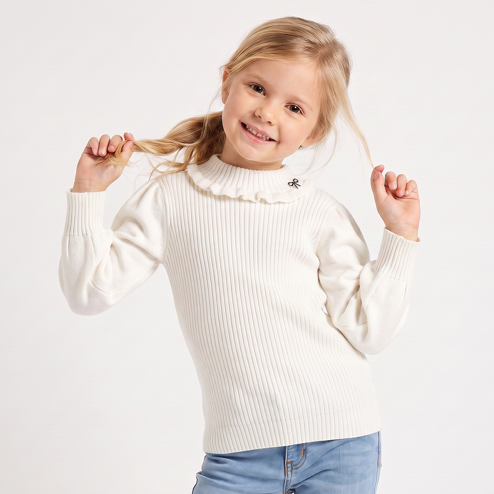 Juniors Ruffle Neck Sweater with Balloon Sleeves-girls-clothing-jumpersandcardigans-image-1