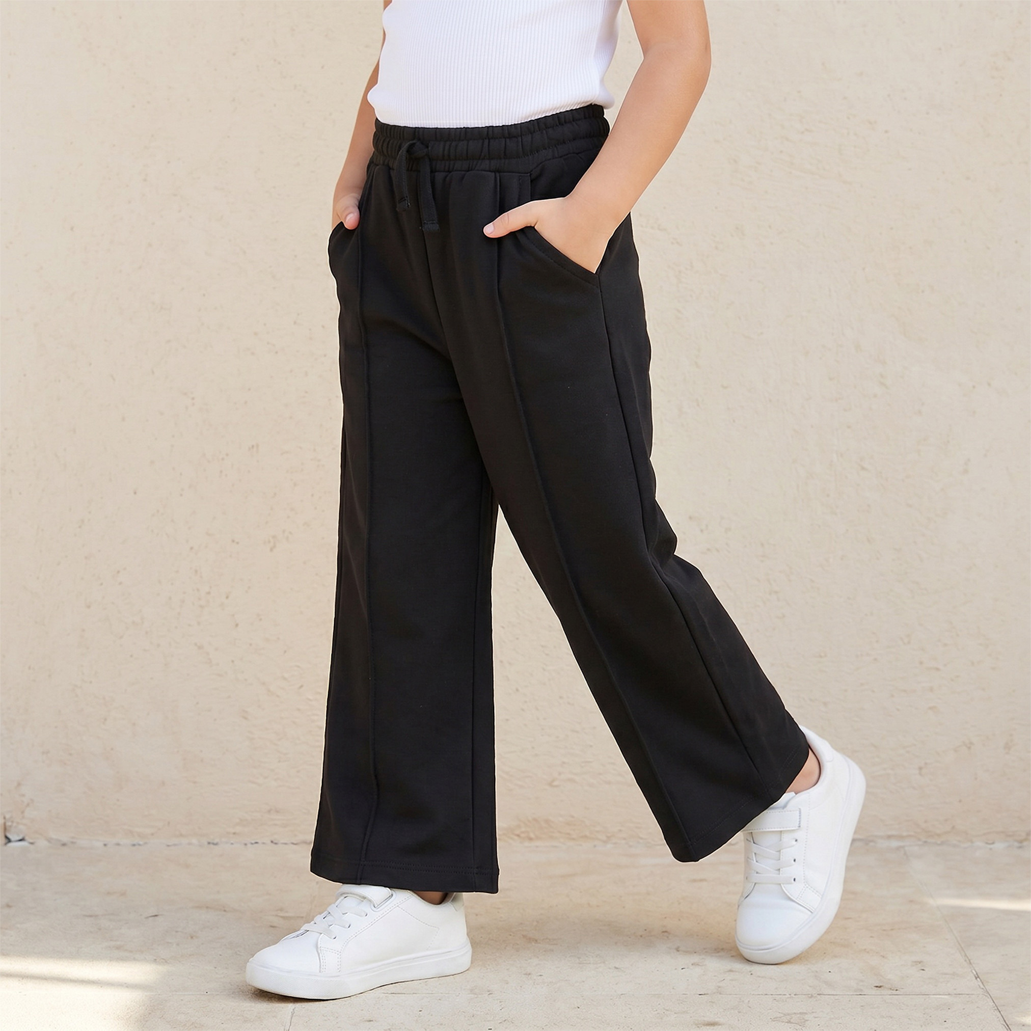 Juniors Elasticated Drawstring Waist Wide Leg Track Pants with Panelled Design-baby-girls-clothing-bottoms-joggersandtrackpants-image-1