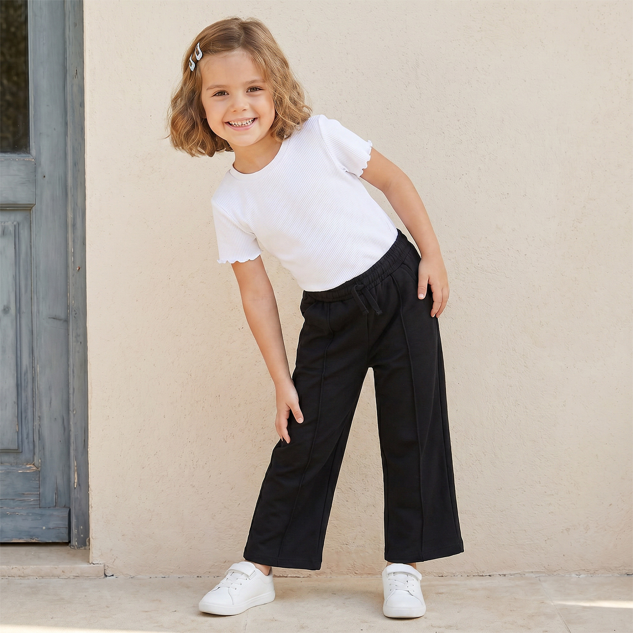 Juniors Elasticated Drawstring Waist Wide Leg Track Pants with Panelled Design-baby-girls-clothing-bottoms-joggersandtrackpants-image-2
