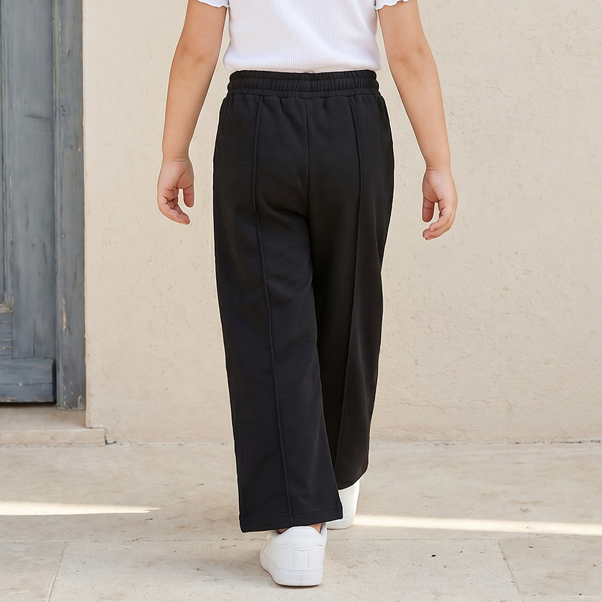 Juniors Elasticated Drawstring Waist Wide Leg Track Pants with Panelled Design-baby-girls-clothing-bottoms-joggersandtrackpants-image-3