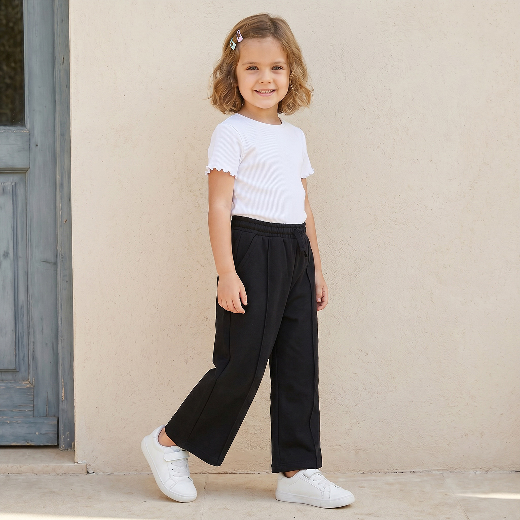 Juniors Elasticated Drawstring Waist Wide Leg Track Pants with Panelled Design-baby-girls-clothing-bottoms-joggersandtrackpants-image-5