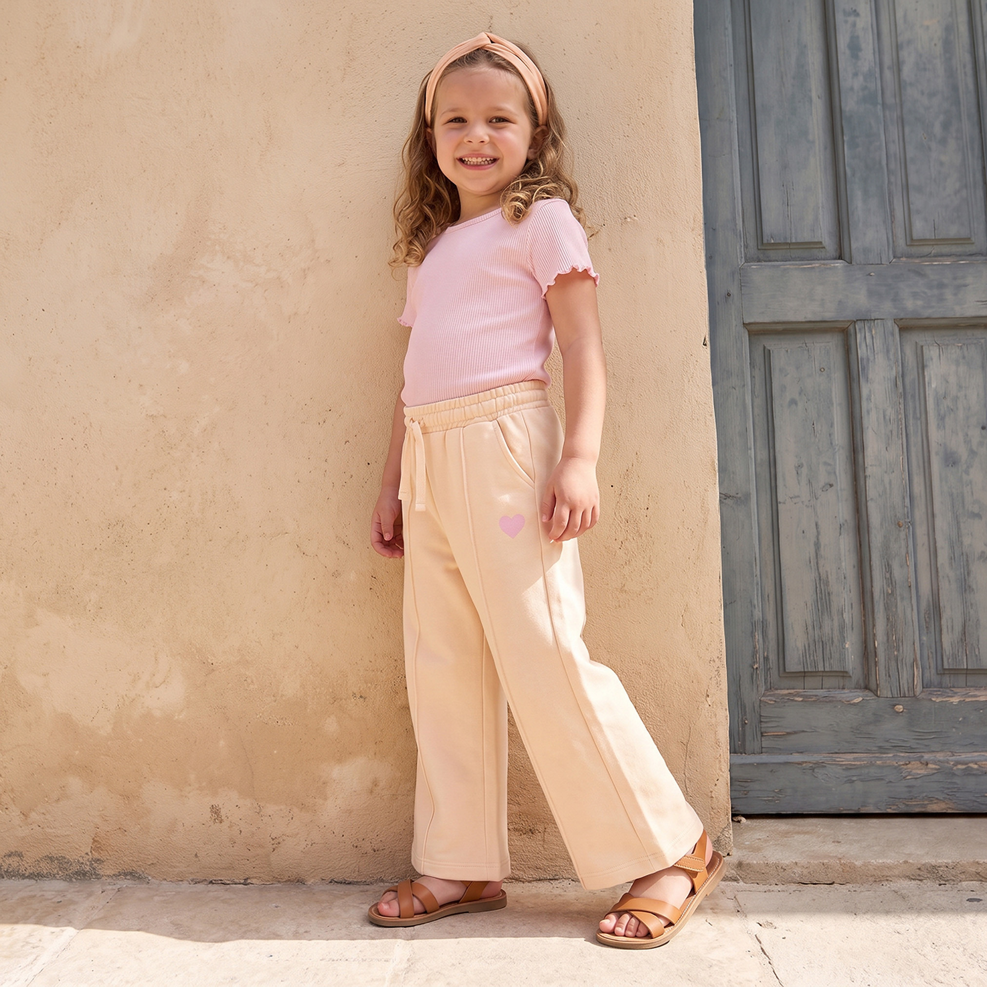 Juniors Elasticated Drawstring Waist Wide Leg Track Pants with Panelled Design-baby-girls-clothing-bottoms-joggersandtrackpants-image-2