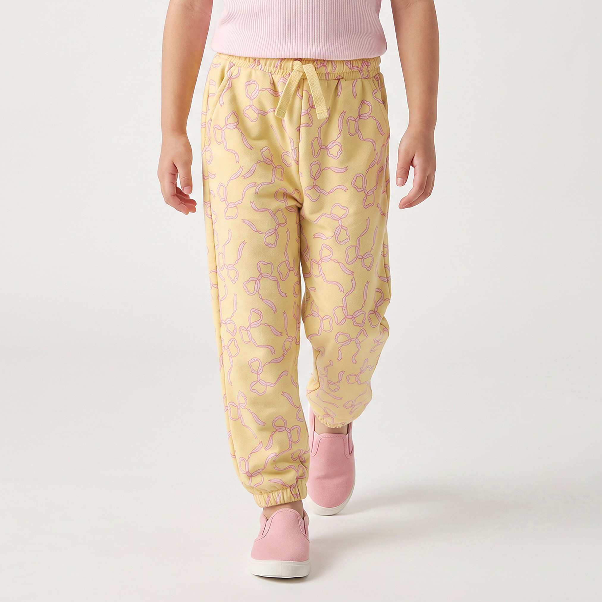 Juniors Elasticated Drawstring Waist Joggers with Bow Print-baby-girls-clothing-bottoms-joggersandtrackpants-image-1