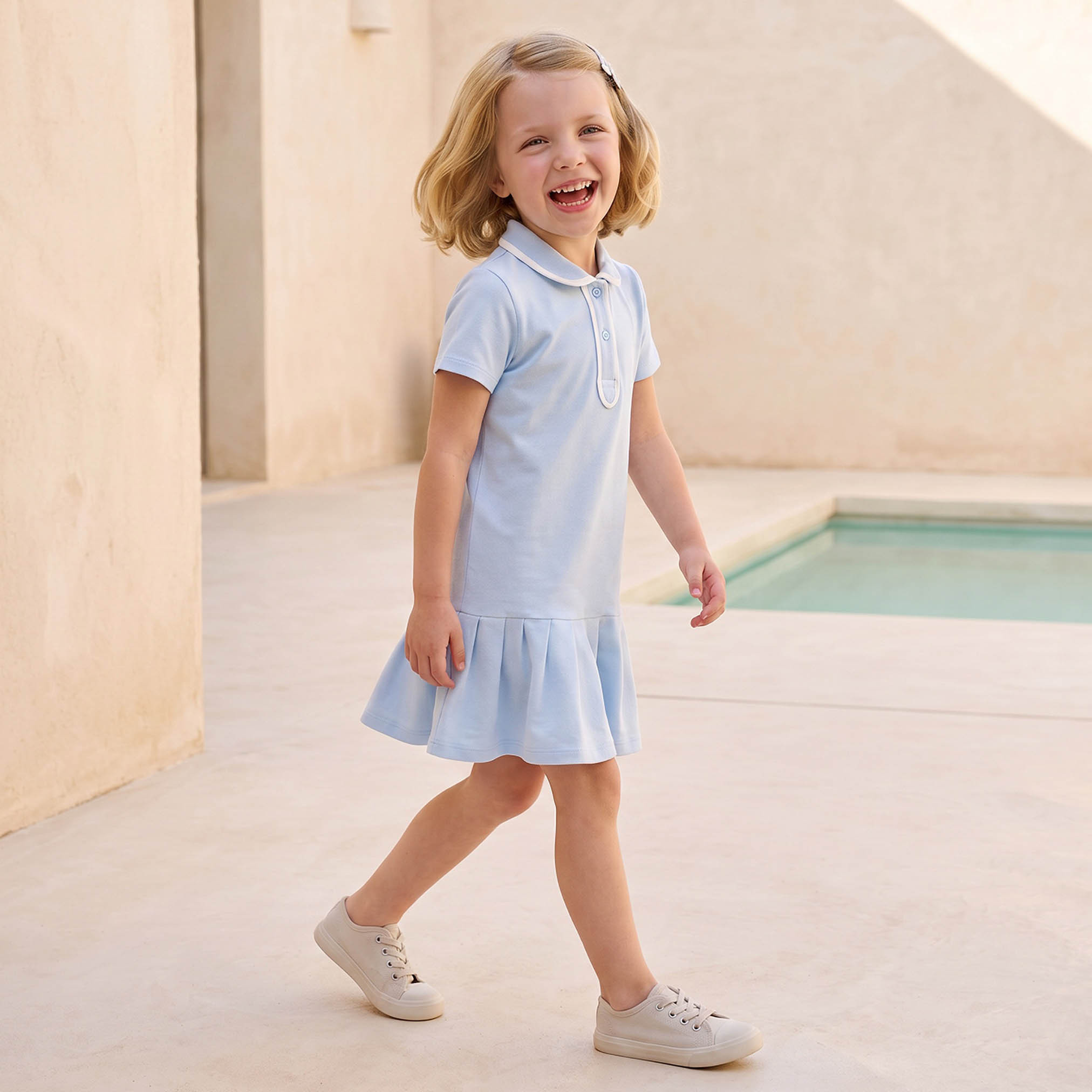 Juniors Collared Short Sleeves Knee Length Polo Dress with Contrast Trim-girls-clothing-dressesandjumpsuits-image-1