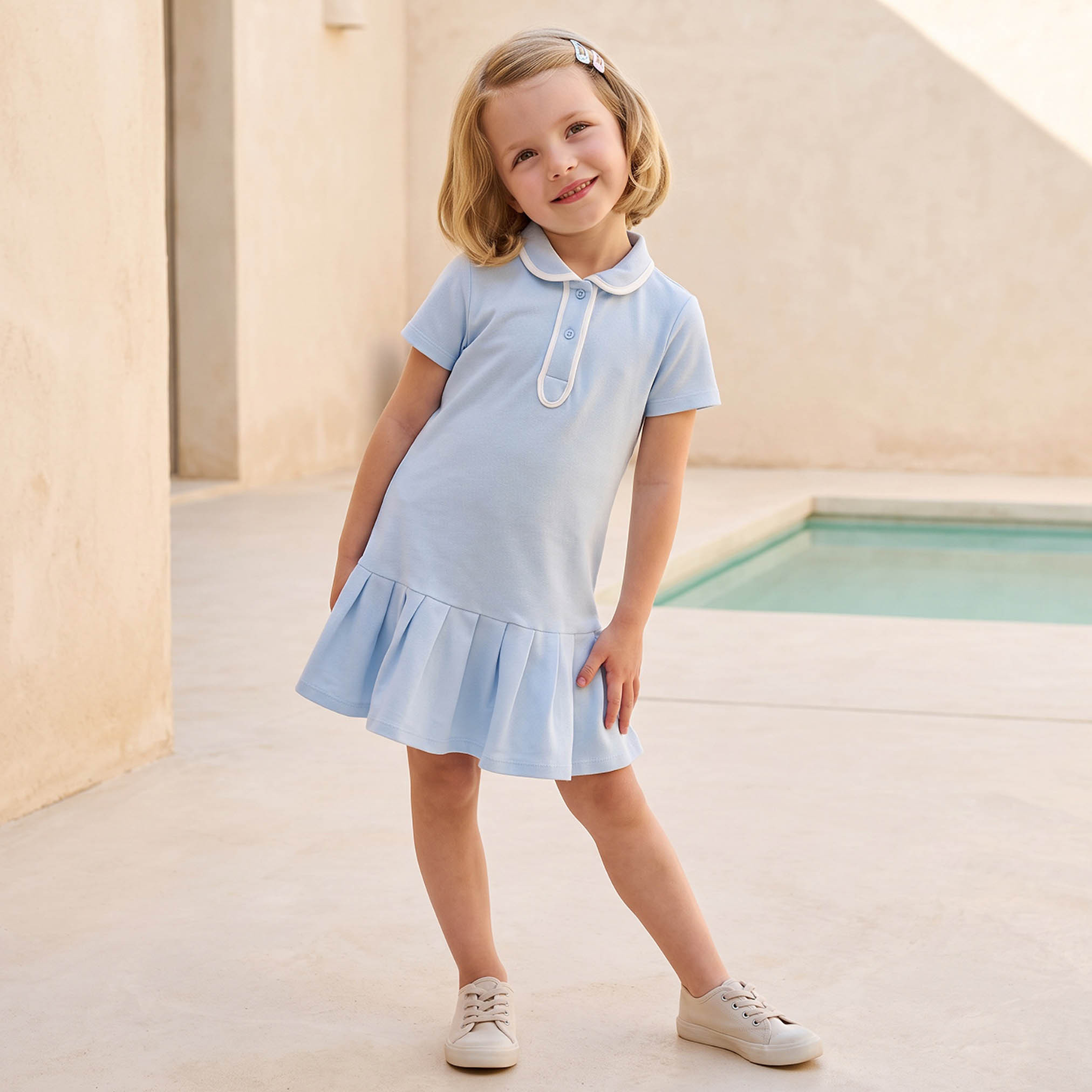 Juniors Collared Short Sleeves Knee Length Polo Dress with Contrast Trim-girls-clothing-dressesandjumpsuits-image-5