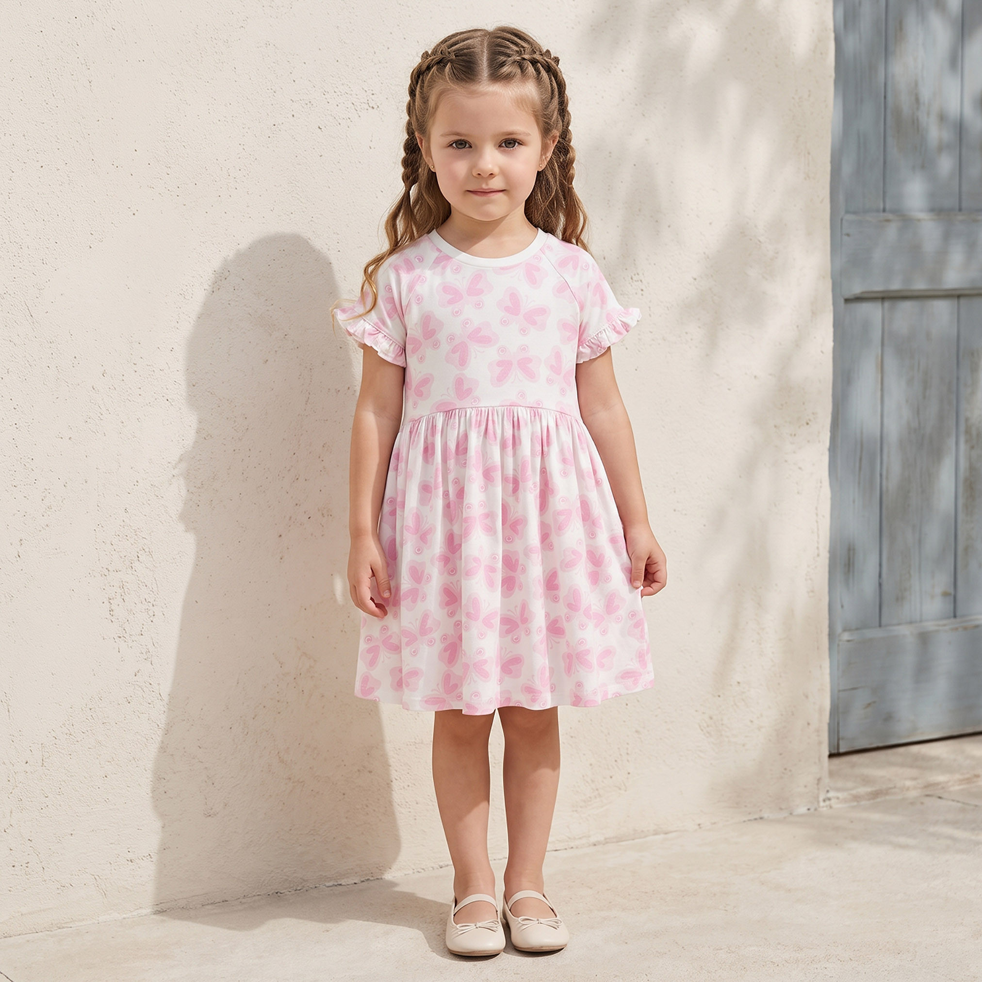 Juniors Round Neck Short Sleeves Knee Length Dress with Butterfly Print-girls-clothing-dressesandjumpsuits-image-1
