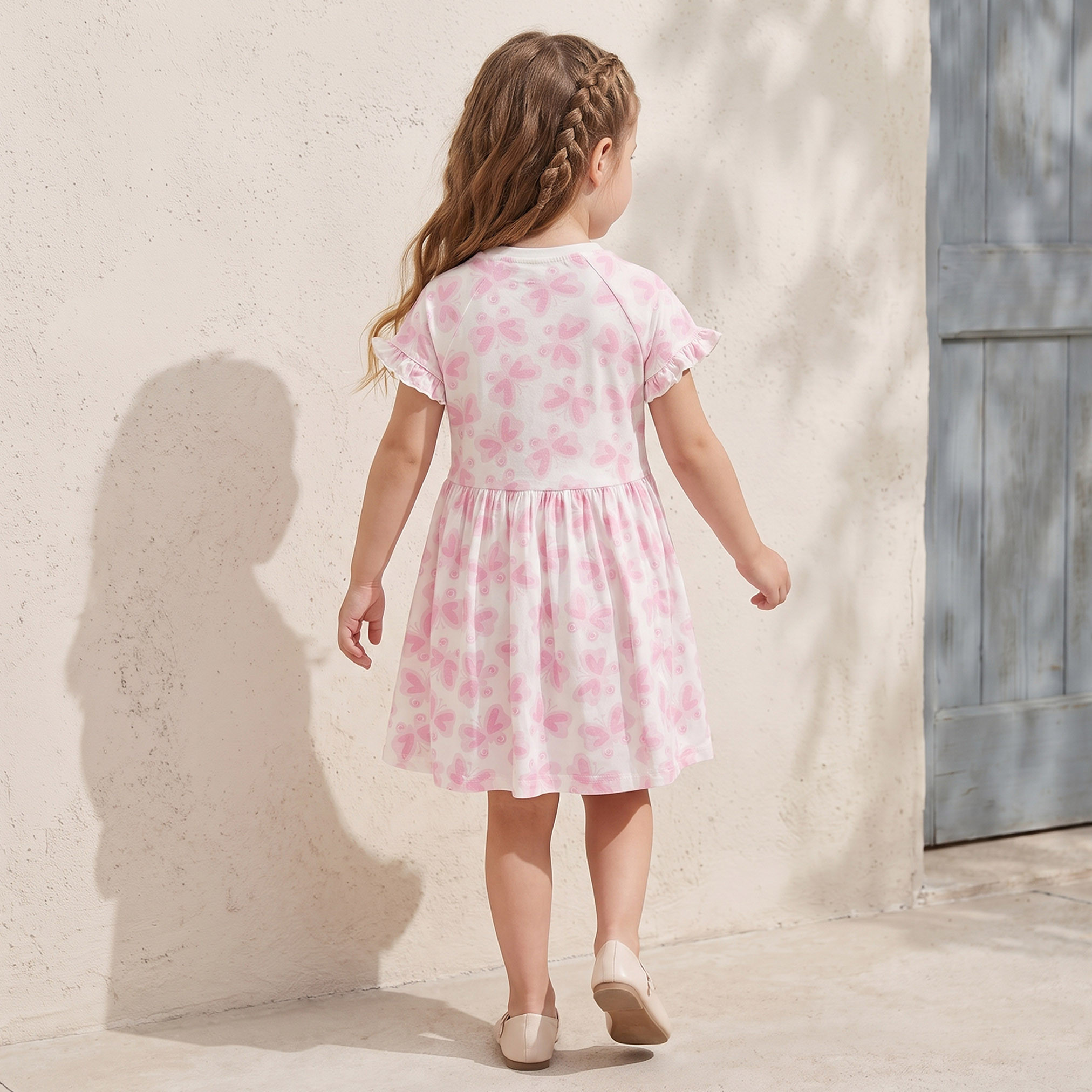 Juniors Round Neck Short Sleeves Knee Length Dress with Butterfly Print-girls-clothing-dressesandjumpsuits-image-2