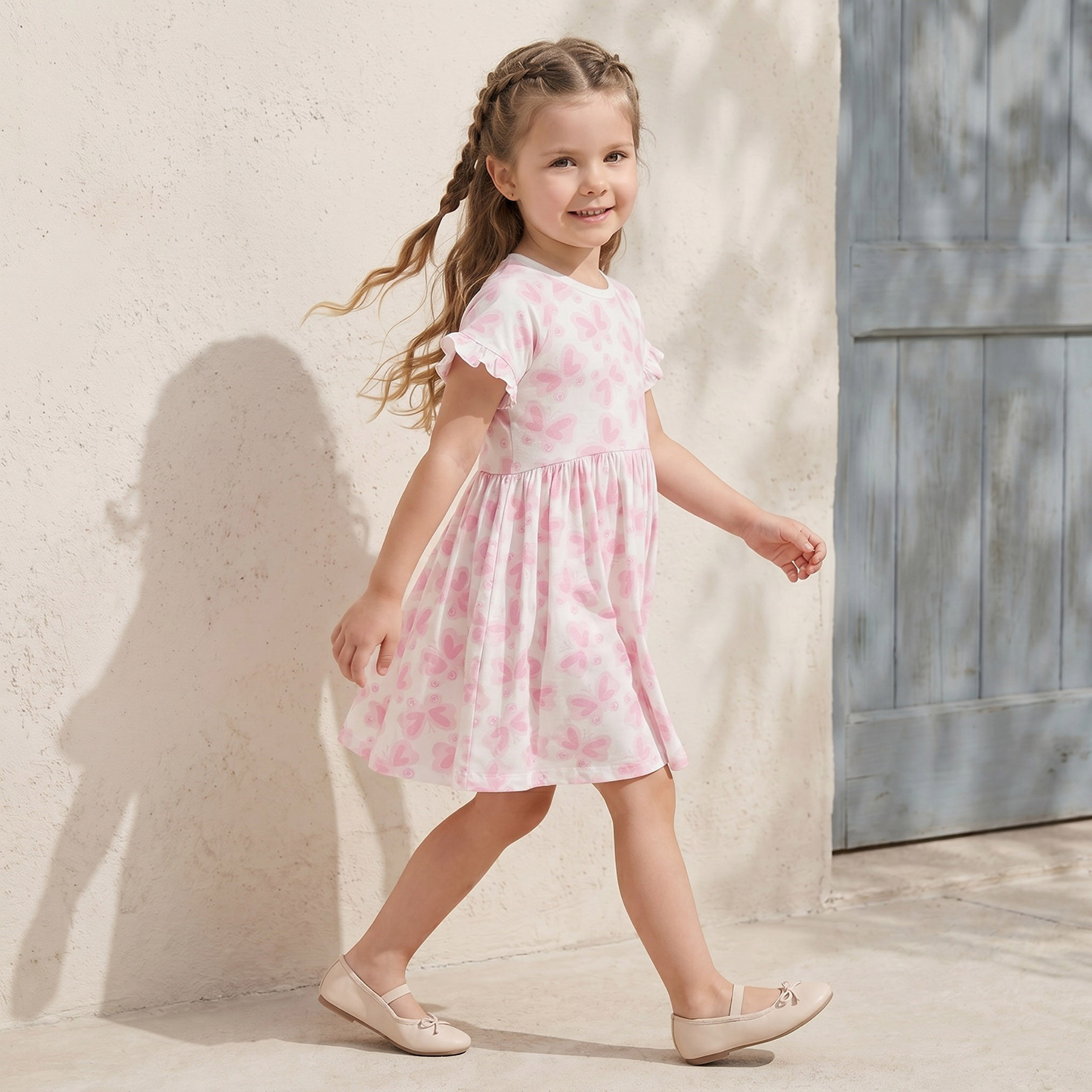 Juniors Round Neck Short Sleeves Knee Length Dress with Butterfly Print-girls-clothing-dressesandjumpsuits-image-4