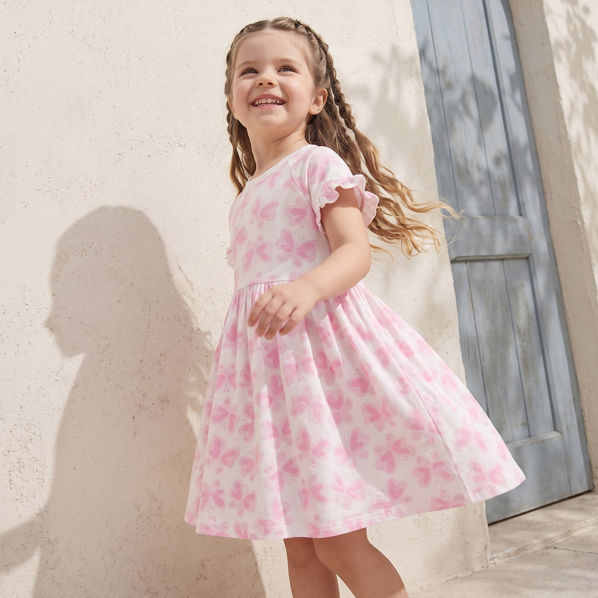 Juniors Round Neck Short Sleeves Knee Length Dress with Butterfly Print-girls-clothing-dressesandjumpsuits-image-6