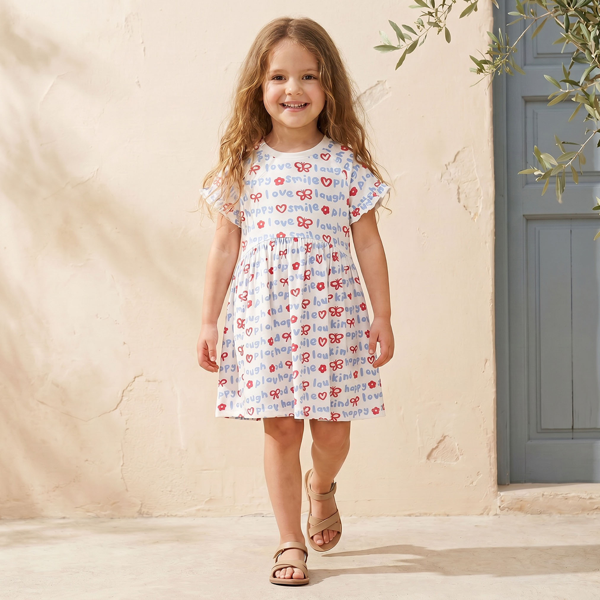 فستان بطول الركبة بياقة مستديرة وأكمام قصيرة وطبعات من جونيورز-girls-clothing-dressesandjumpsuits-image-1