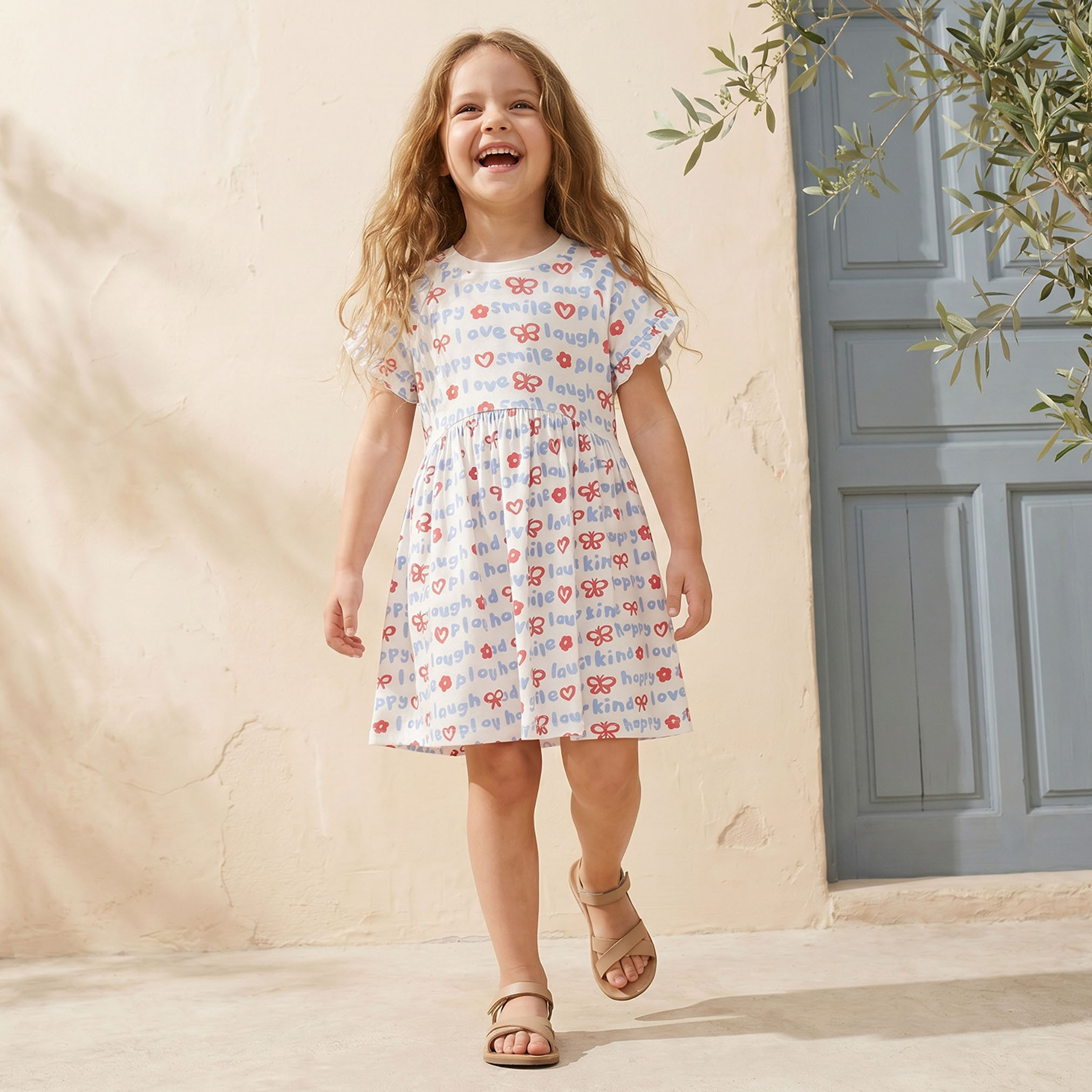 فستان بطول الركبة بياقة مستديرة وأكمام قصيرة وطبعات من جونيورز-girls-clothing-dressesandjumpsuits-image-5