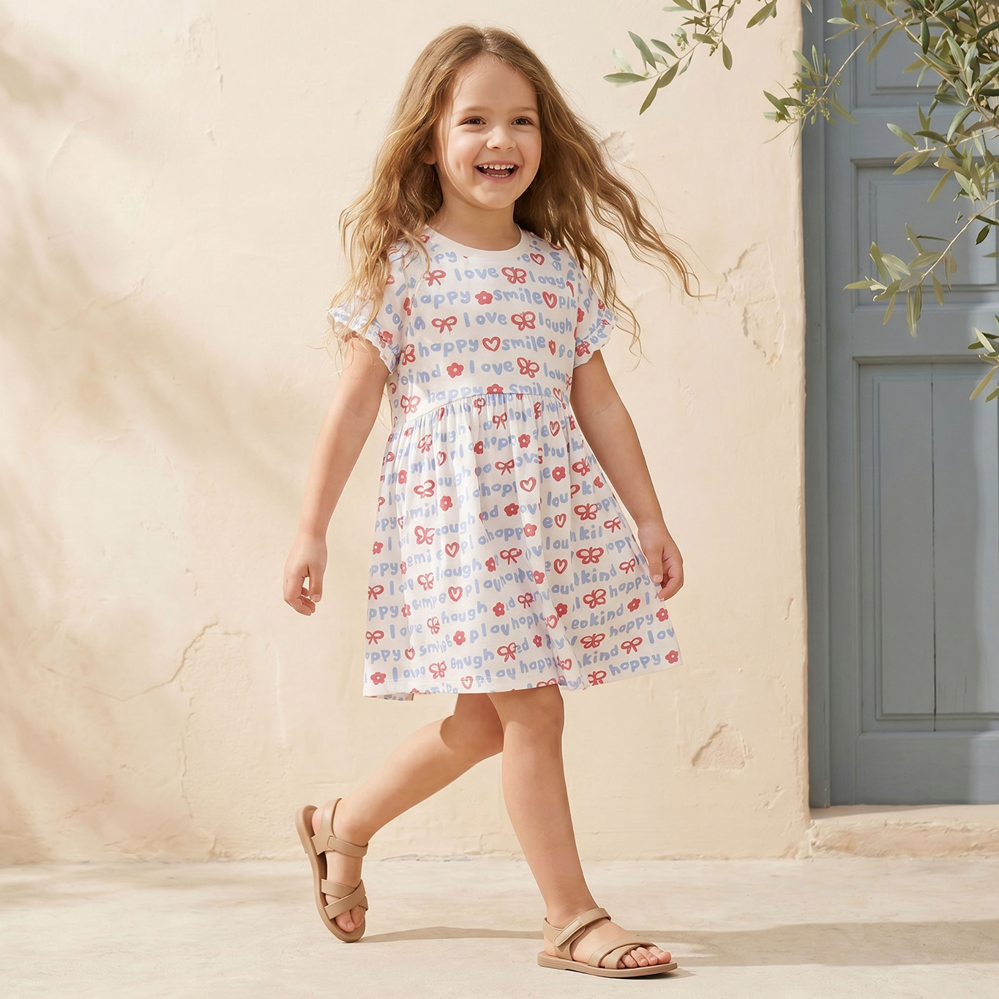 فستان بطول الركبة بياقة مستديرة وأكمام قصيرة وطبعات من جونيورز-girls-clothing-dressesandjumpsuits-image-4