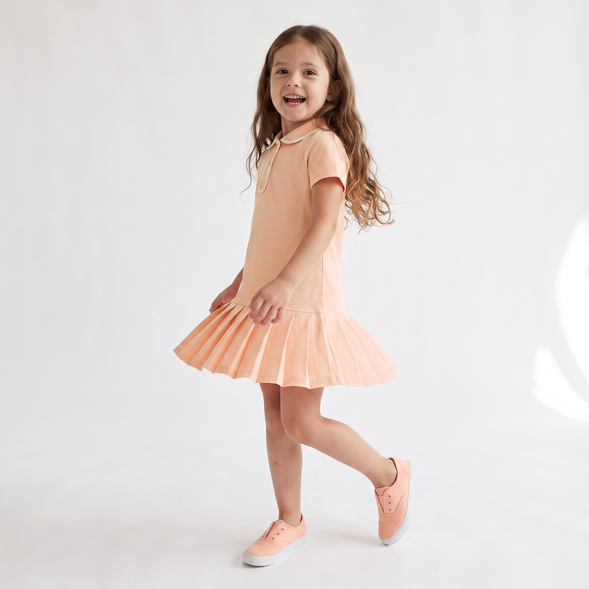 فستان بطول الركبة وياقة وأكمام قصيرة وخصر منسدل وكسرات جونيورز-girls-clothing-dressesandjumpsuits-image-1