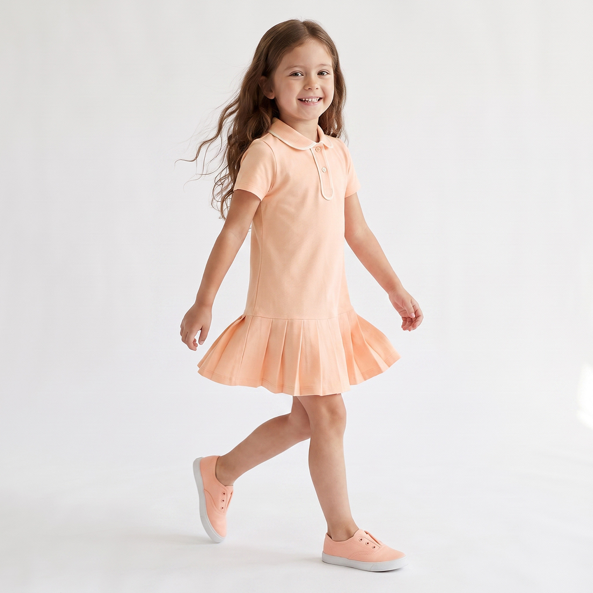 فستان بطول الركبة وياقة وأكمام قصيرة وخصر منسدل وكسرات جونيورز-girls-clothing-dressesandjumpsuits-image-5