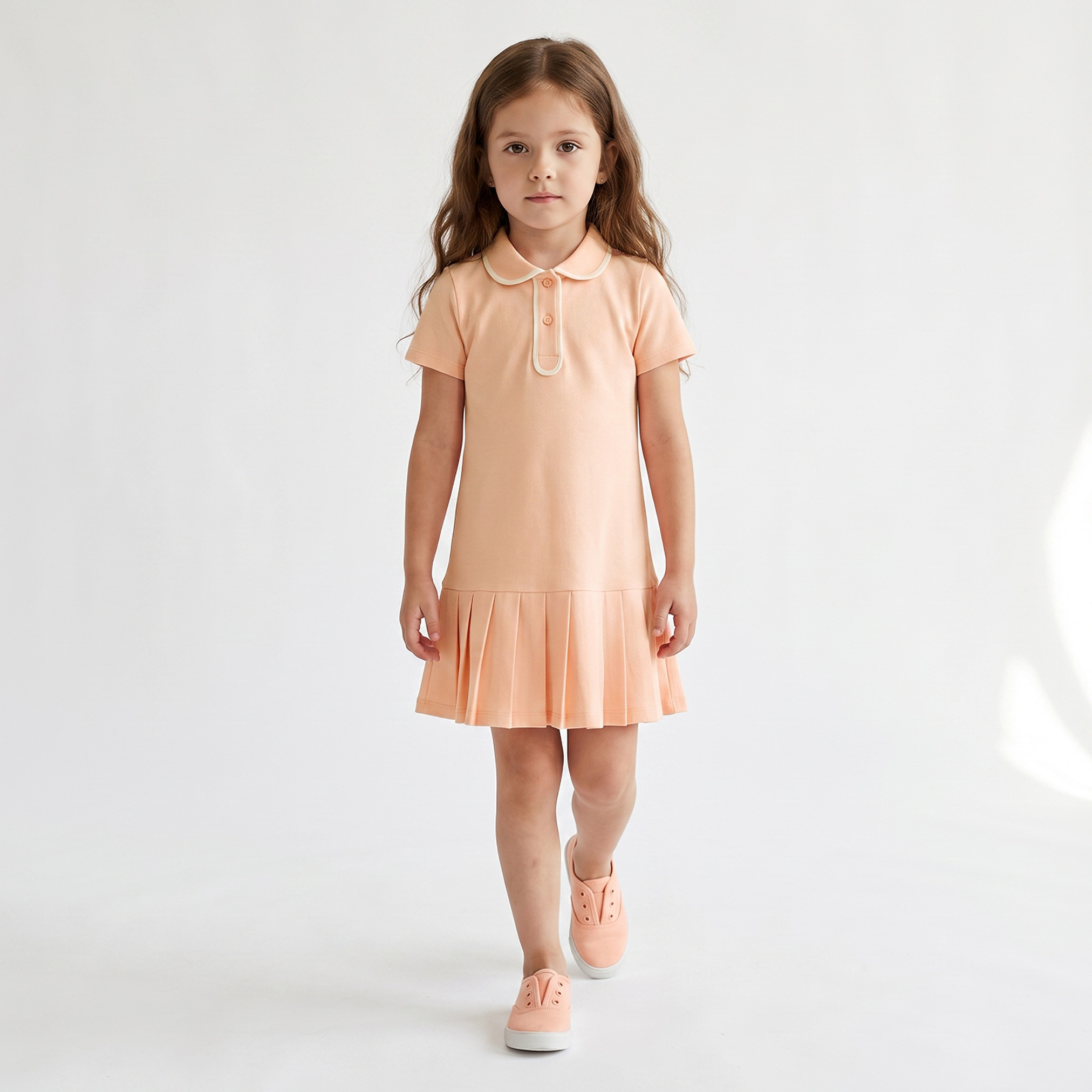 فستان بطول الركبة وياقة وأكمام قصيرة وخصر منسدل وكسرات جونيورز-girls-clothing-dressesandjumpsuits-image-6