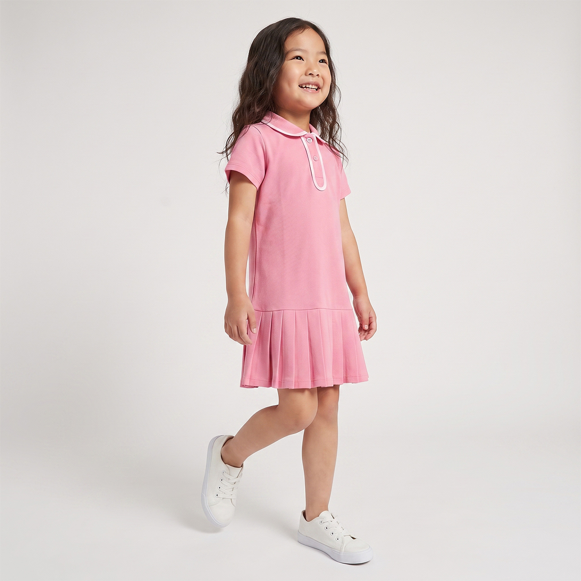 فستان بطول الركبة وياقة وأكمام قصيرة وخصر منسدل وكسرات من جونيورز-girls-clothing-dressesandjumpsuits-image-4