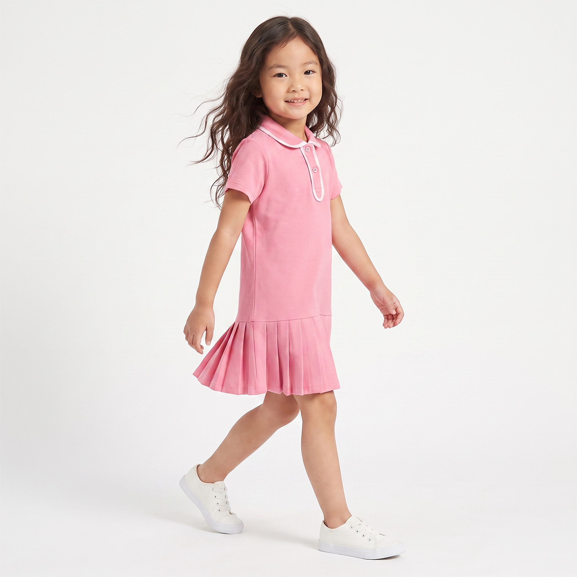 فستان بطول الركبة وياقة وأكمام قصيرة وخصر منسدل وكسرات من جونيورز-girls-clothing-dressesandjumpsuits-image-1