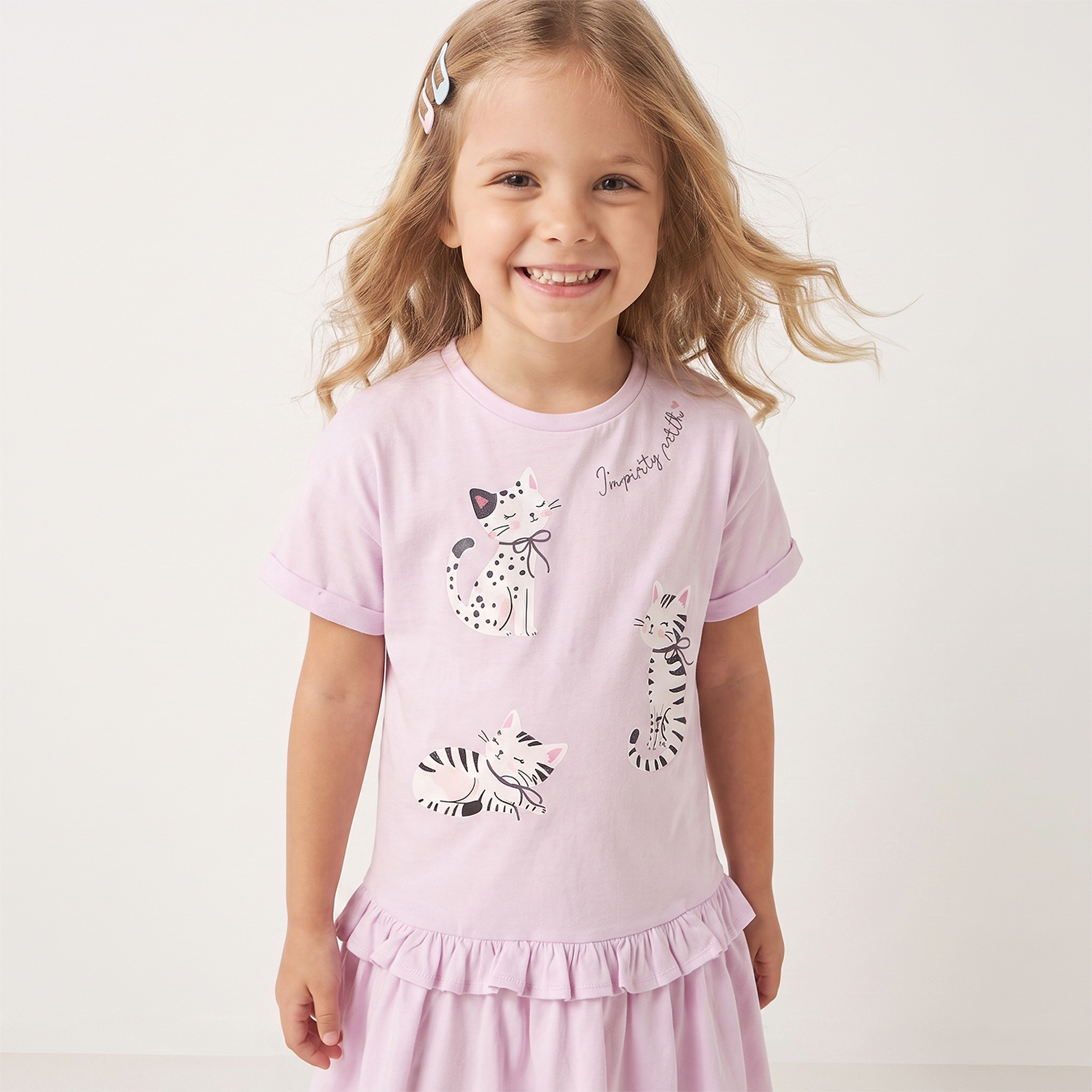 فستان بطول الركبة وياقة مستديرة وأكمام قصيرة وخصر منسدل وطبعات قطة من جونيورز-girls-clothing-dressesandjumpsuits-image-6