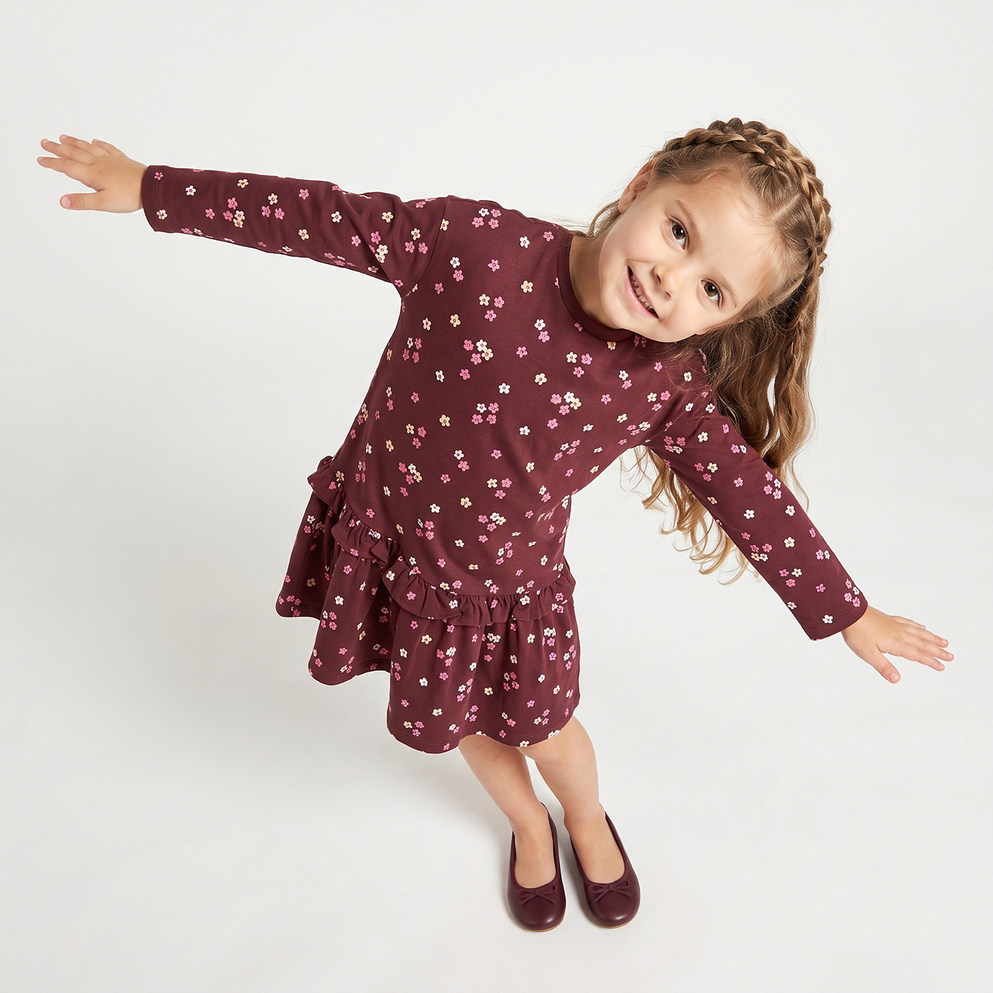 Juniors Round Neck Long Sleeves Knee Length Dress with Floral Print-girls-clothing-dressesandjumpsuits-image-1