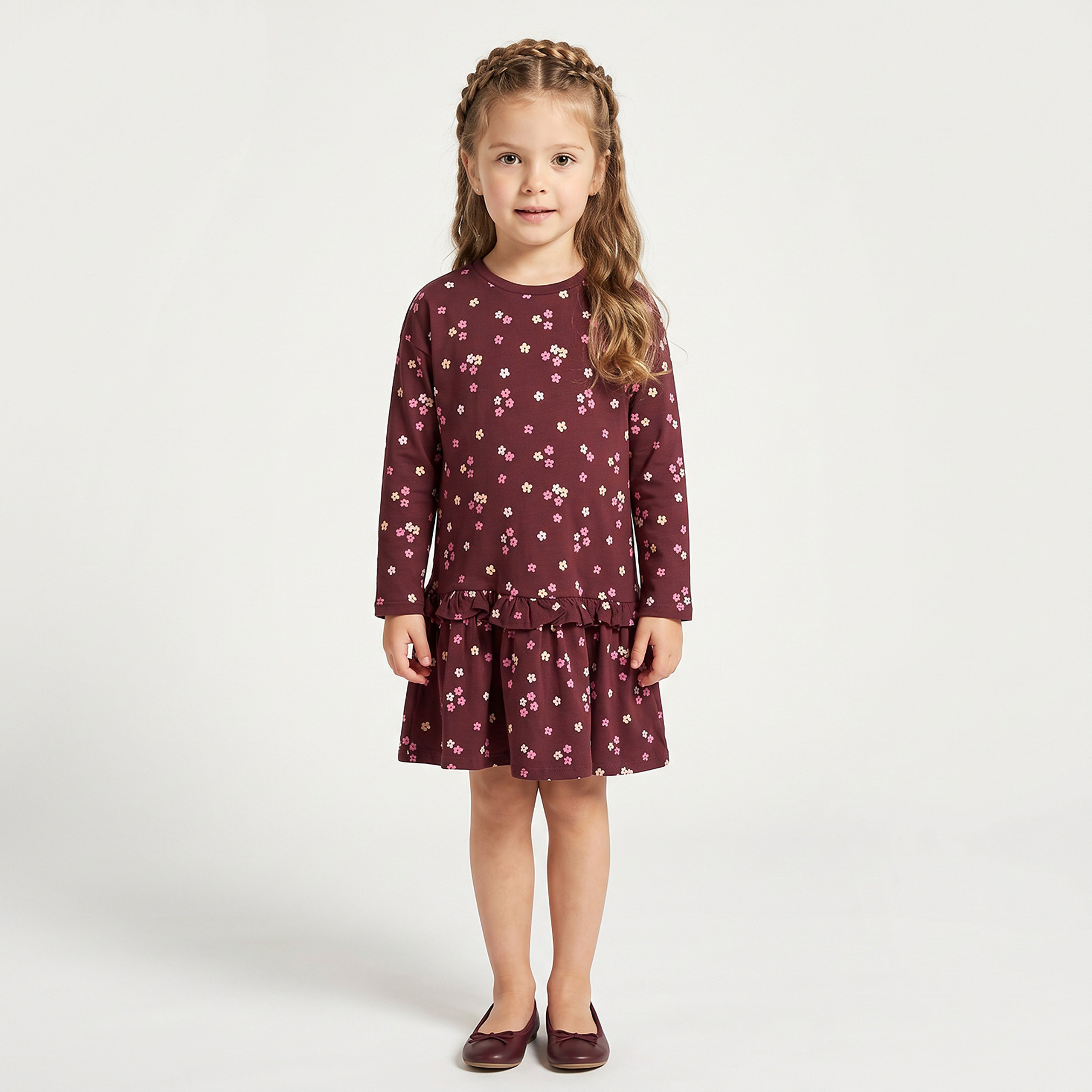 Juniors Round Neck Long Sleeves Knee Length Dress with Floral Print-girls-clothing-dressesandjumpsuits-image-2