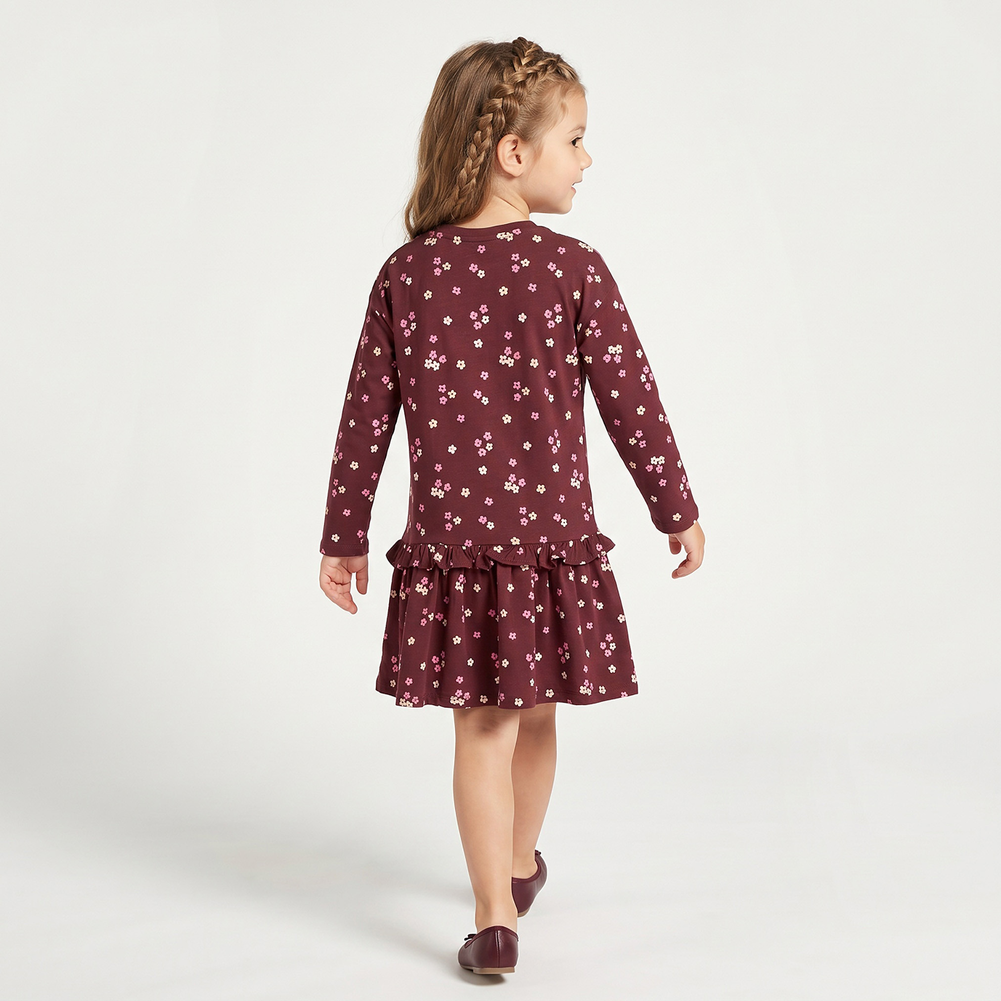 Juniors Round Neck Long Sleeves Knee Length Dress with Floral Print-girls-clothing-dressesandjumpsuits-image-3