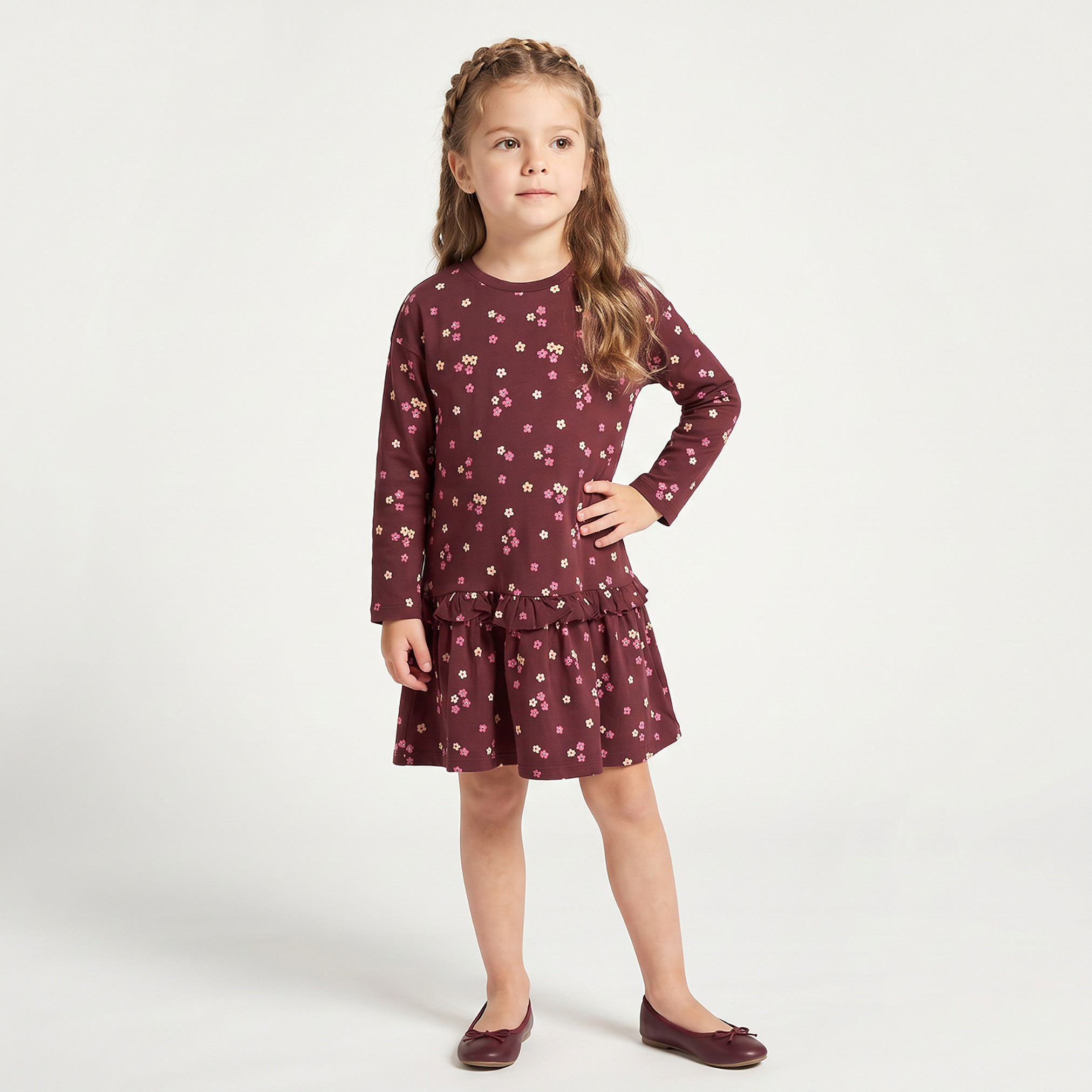 Juniors Round Neck Long Sleeves Knee Length Dress with Floral Print-girls-clothing-dressesandjumpsuits-image-4