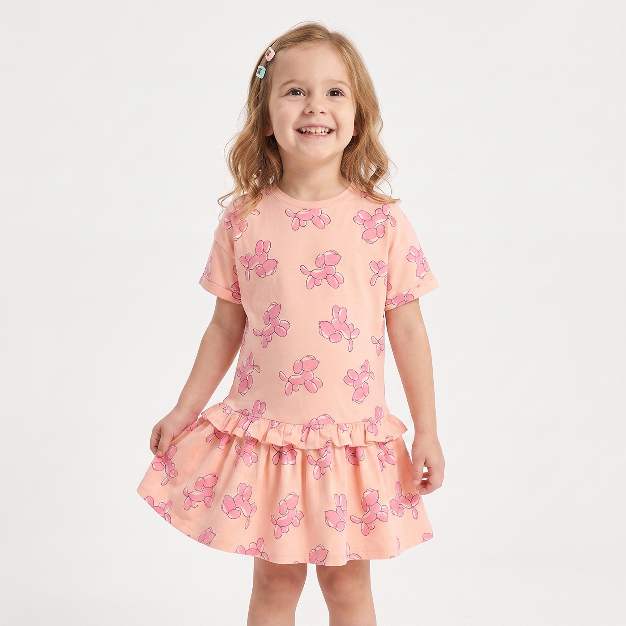 فستان بطول الركبة وياقة مستديرة وأكمام قصيرة وخصر منسدل وطبعات من جونيورز-girls-clothing-dressesandjumpsuits-image-1