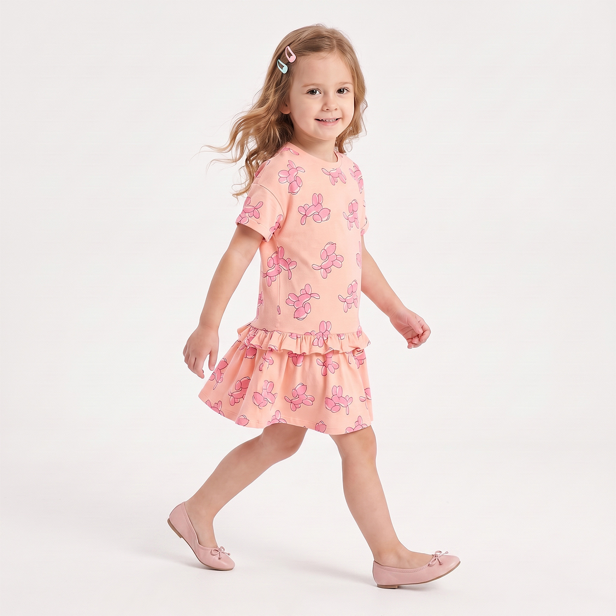 فستان بطول الركبة وياقة مستديرة وأكمام قصيرة وخصر منسدل وطبعات من جونيورز-girls-clothing-dressesandjumpsuits-image-4