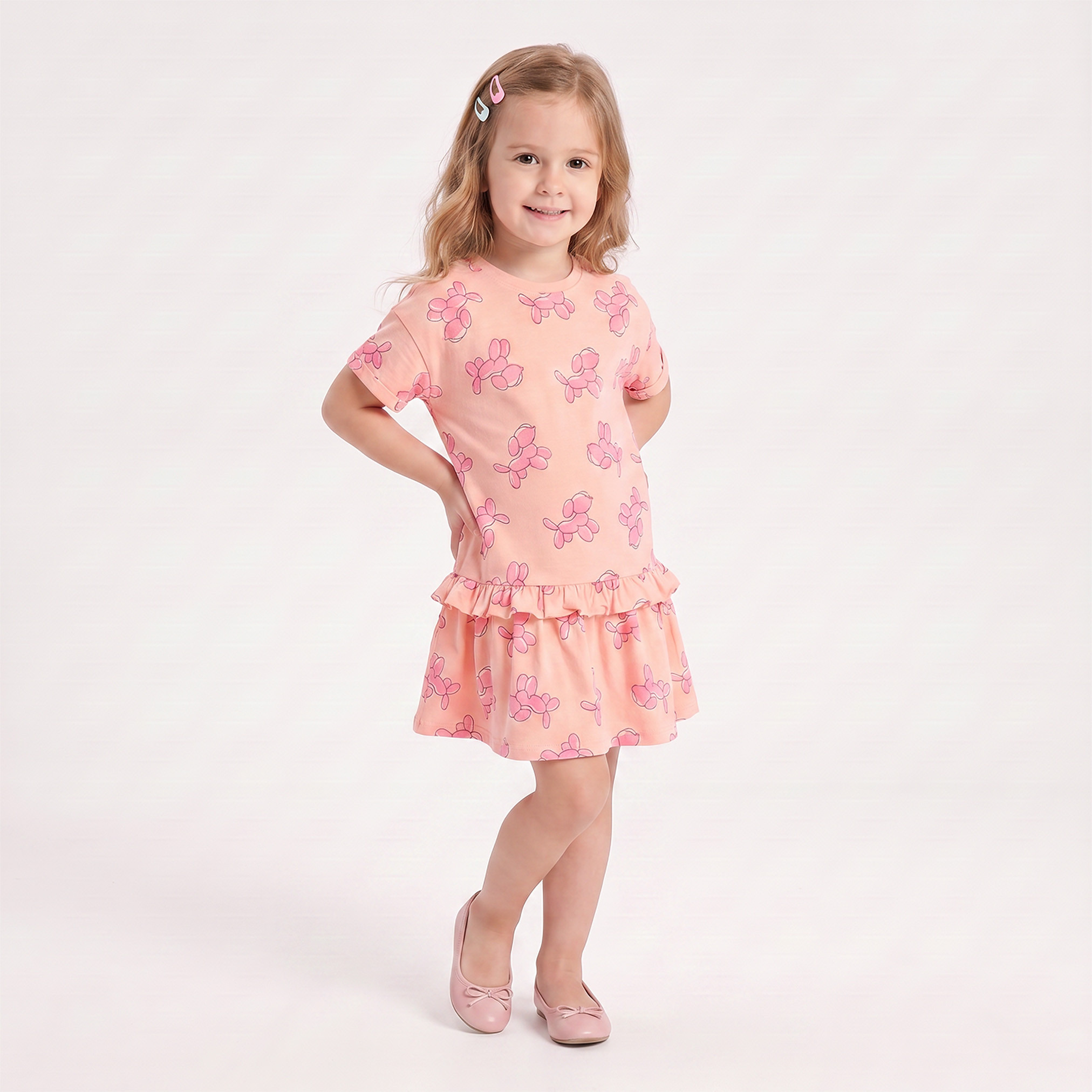 فستان بطول الركبة وياقة مستديرة وأكمام قصيرة وخصر منسدل وطبعات من جونيورز-girls-clothing-dressesandjumpsuits-image-5