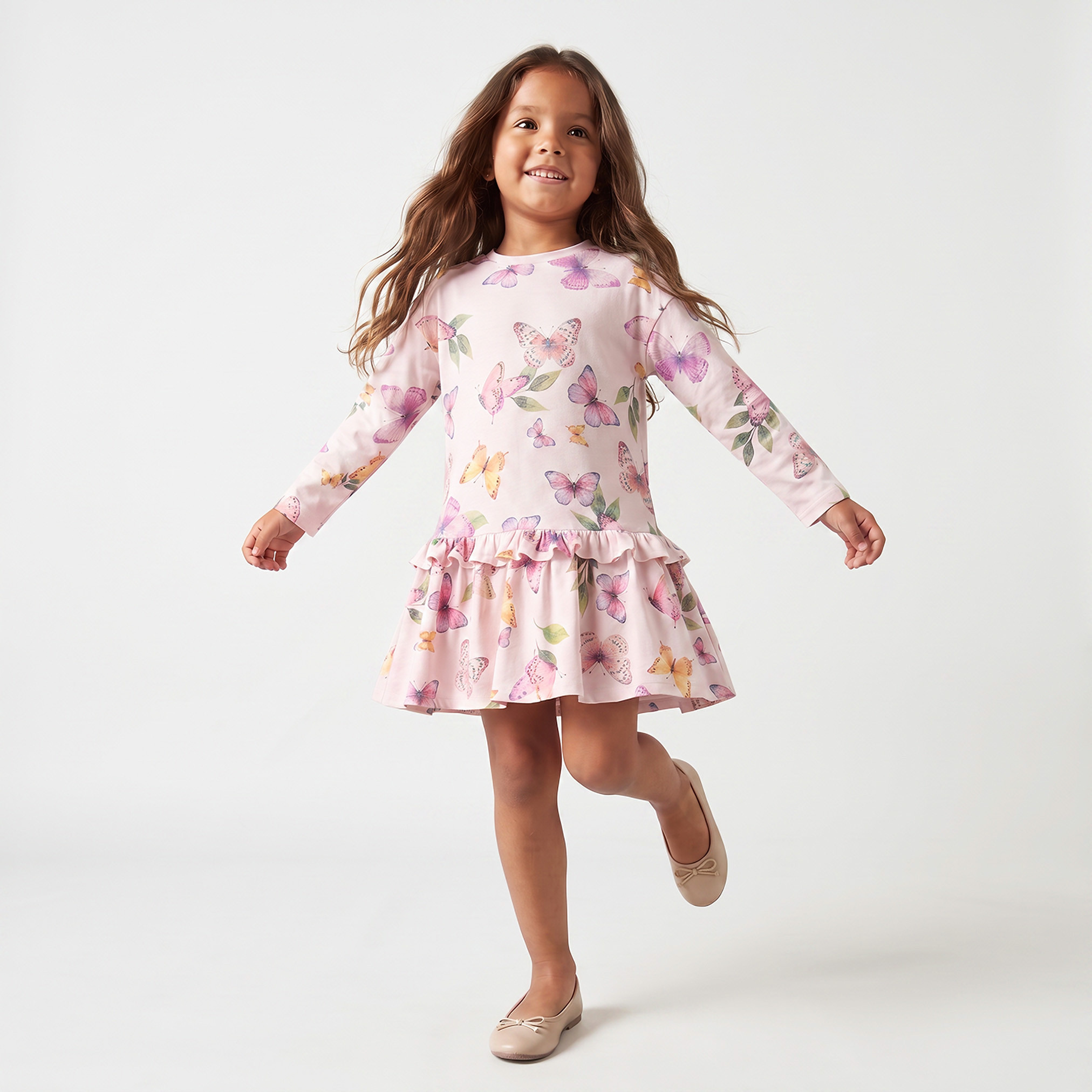فستان بطول الركبة وياقة مستديرة وأكمام طويلة وخصر منسدل وطبعات فراشة من جونيورز-girls-clothing-dressesandjumpsuits-image-1