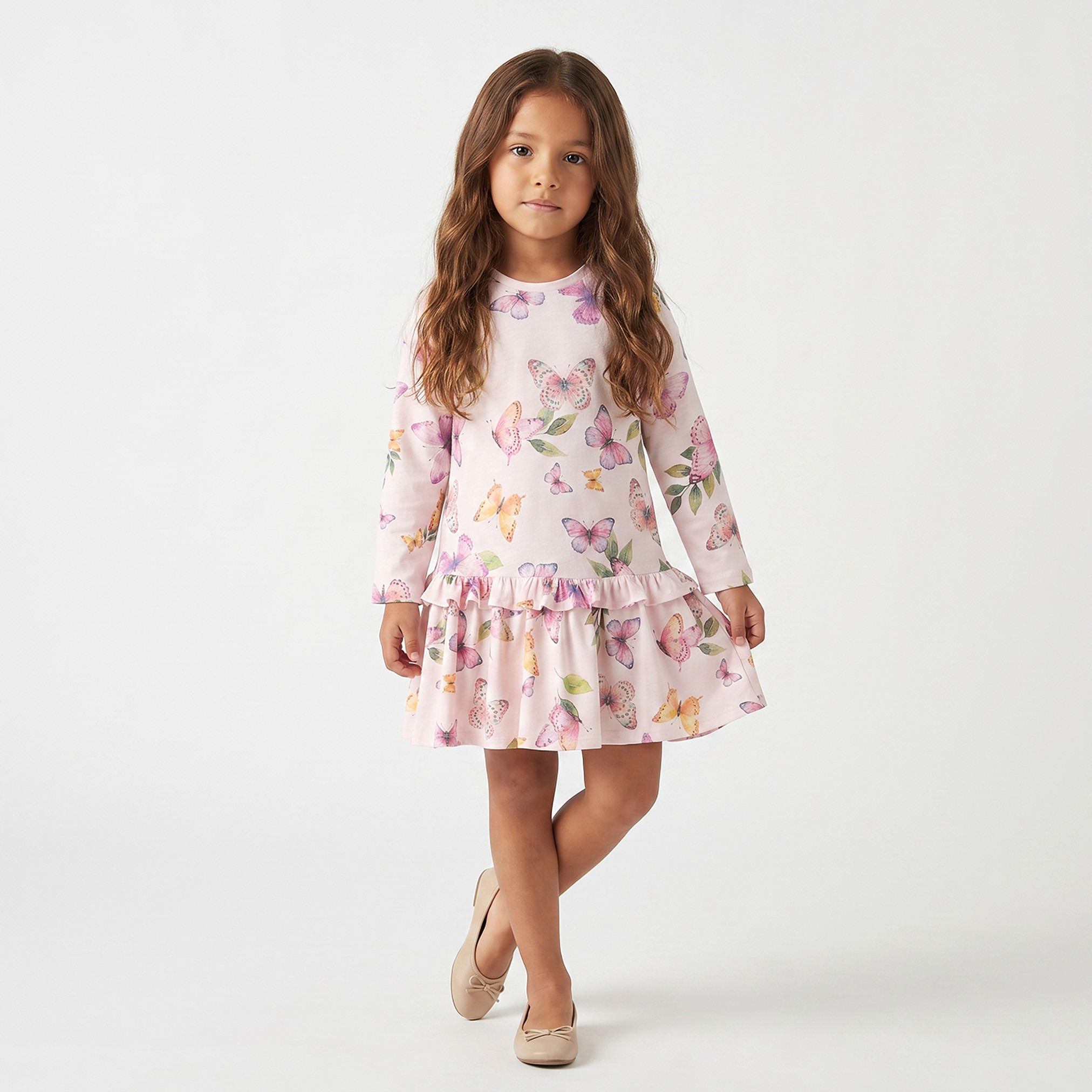 فستان بطول الركبة وياقة مستديرة وأكمام طويلة وخصر منسدل وطبعات فراشة من جونيورز-girls-clothing-dressesandjumpsuits-image-6