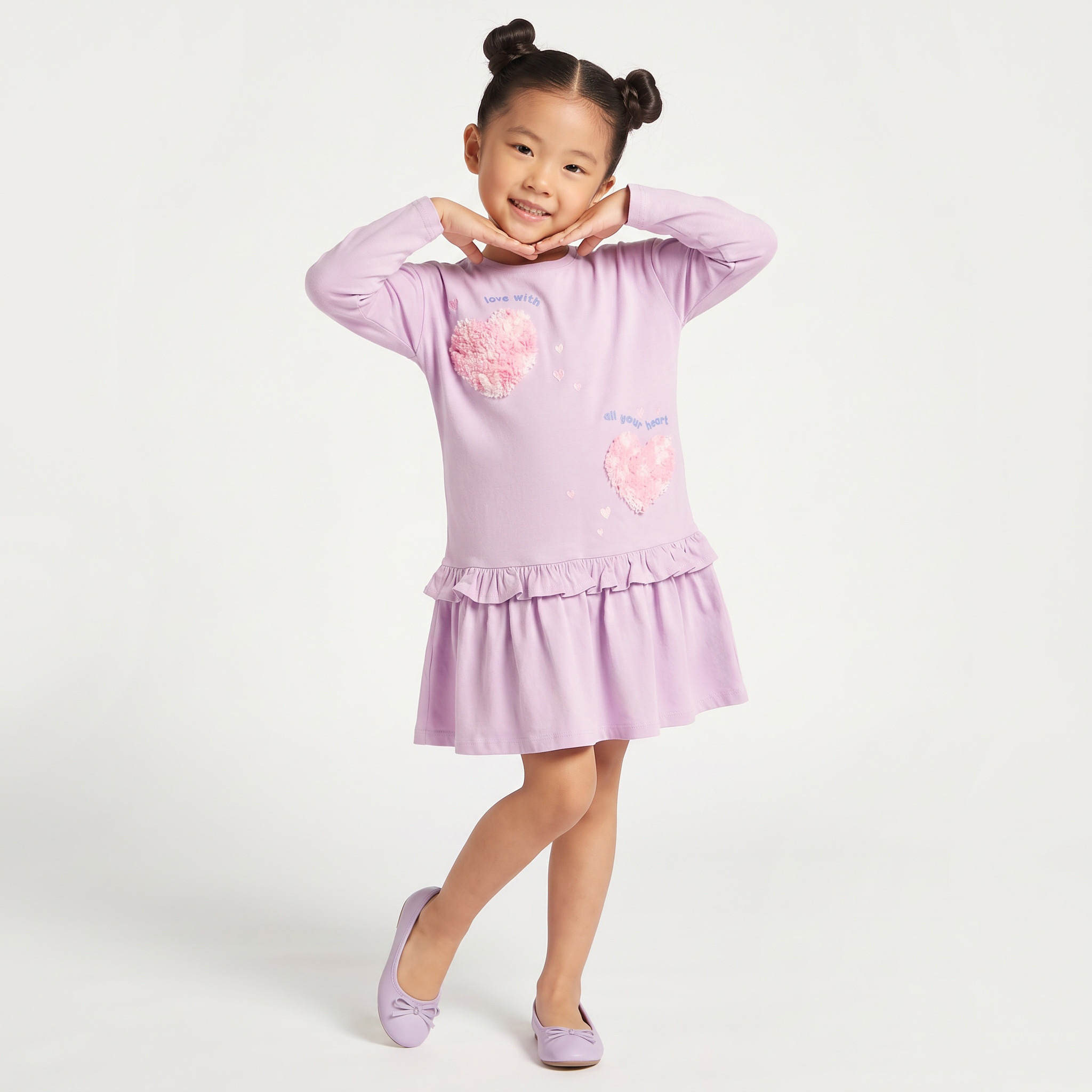 Juniors Round Neck Long Sleeves Ruffled Dress with Heart Applique-girls-clothing-dressesandjumpsuits-image-1