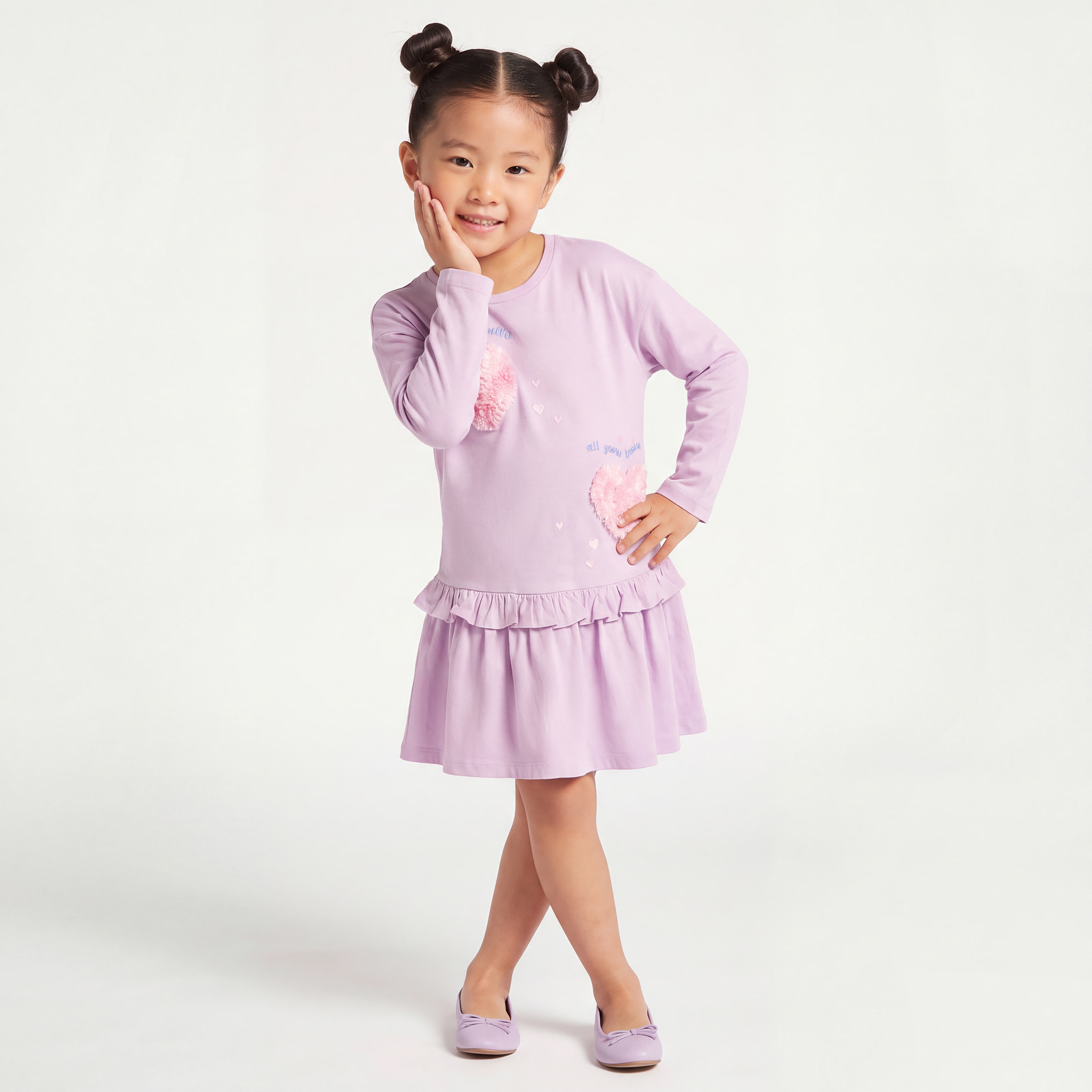 Juniors Round Neck Long Sleeves Ruffled Dress with Heart Applique-girls-clothing-dressesandjumpsuits-image-4