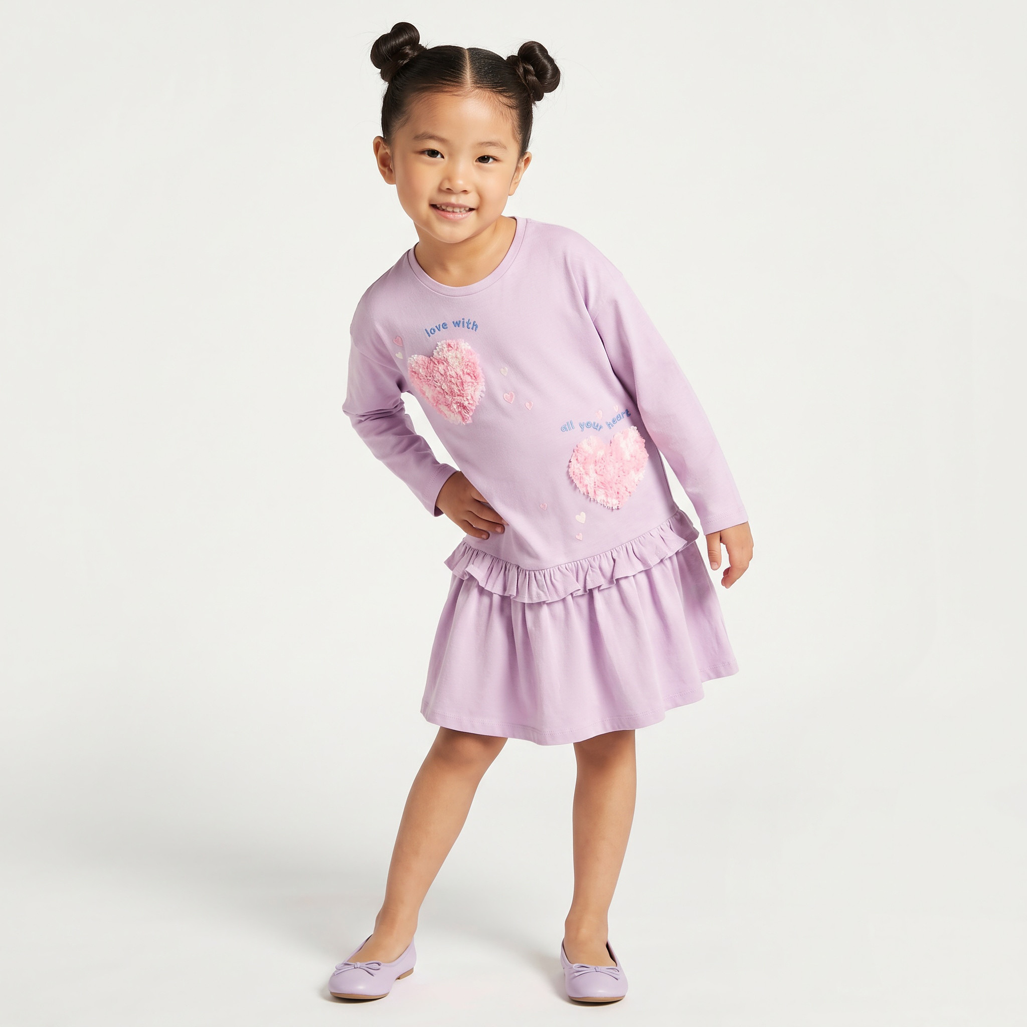 Juniors Round Neck Long Sleeves Ruffled Dress with Heart Applique-girls-clothing-dressesandjumpsuits-image-5