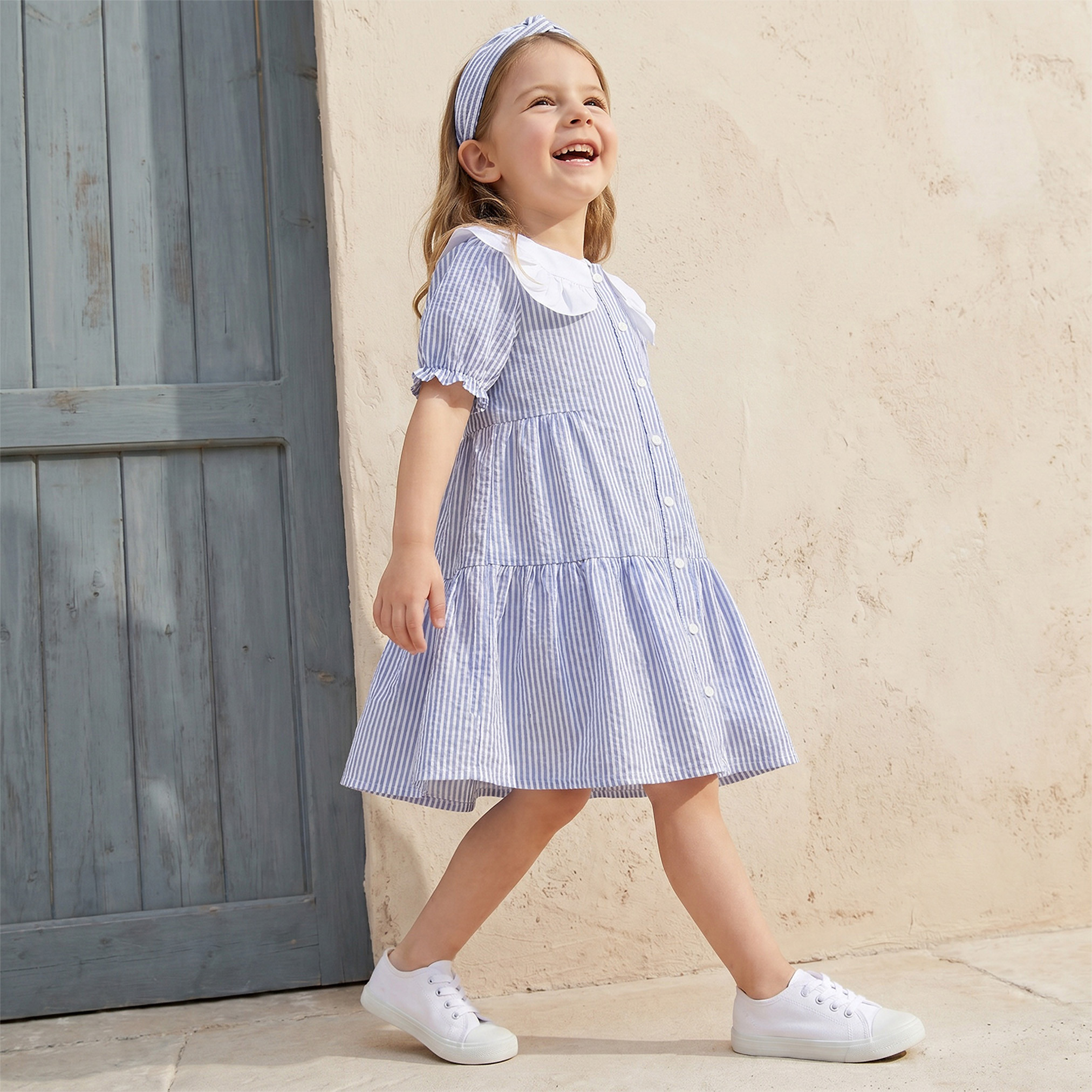 Juniors Peter Pan Collar Short Sleeves Knee Length Dress with Stripes-girls-clothing-dressesandjumpsuits-image-1