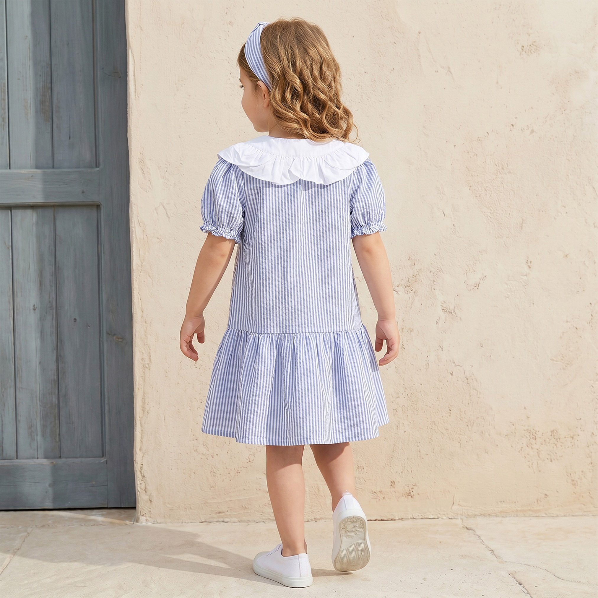Juniors Peter Pan Collar Short Sleeves Knee Length Dress with Stripes-girls-clothing-dressesandjumpsuits-image-2